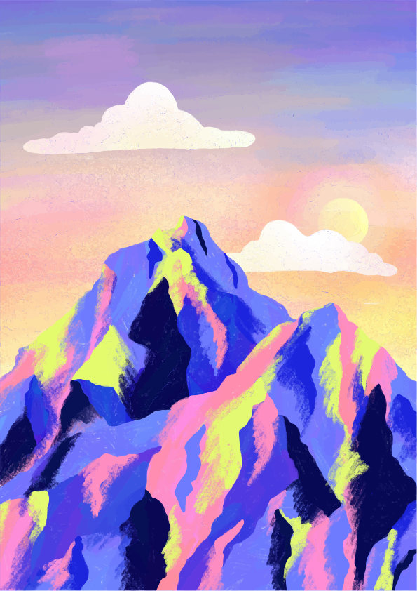 Colorful mountains under a pastel sky with clouds.