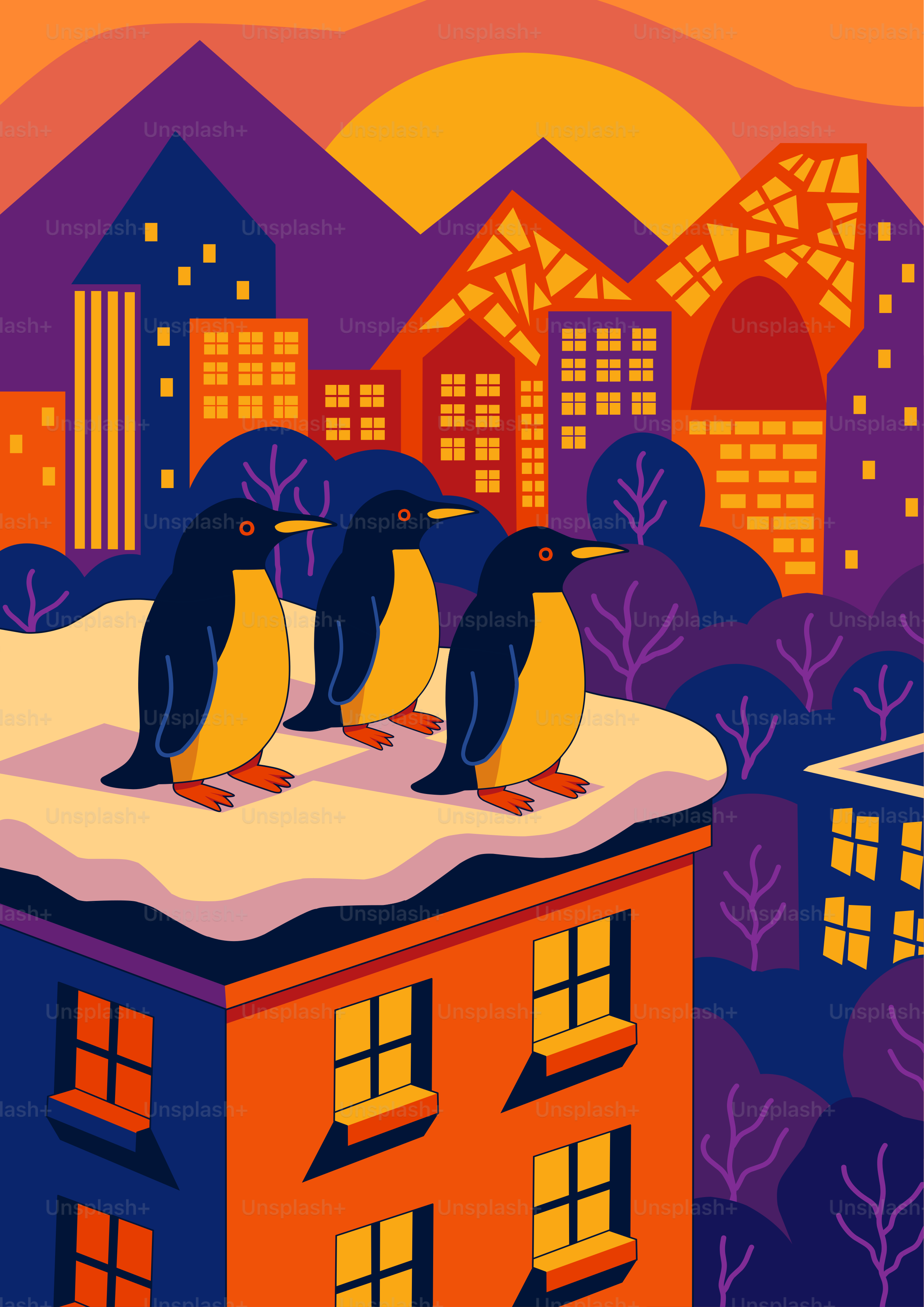 Three penguins stand on a snowy rooftop overlooking a city.