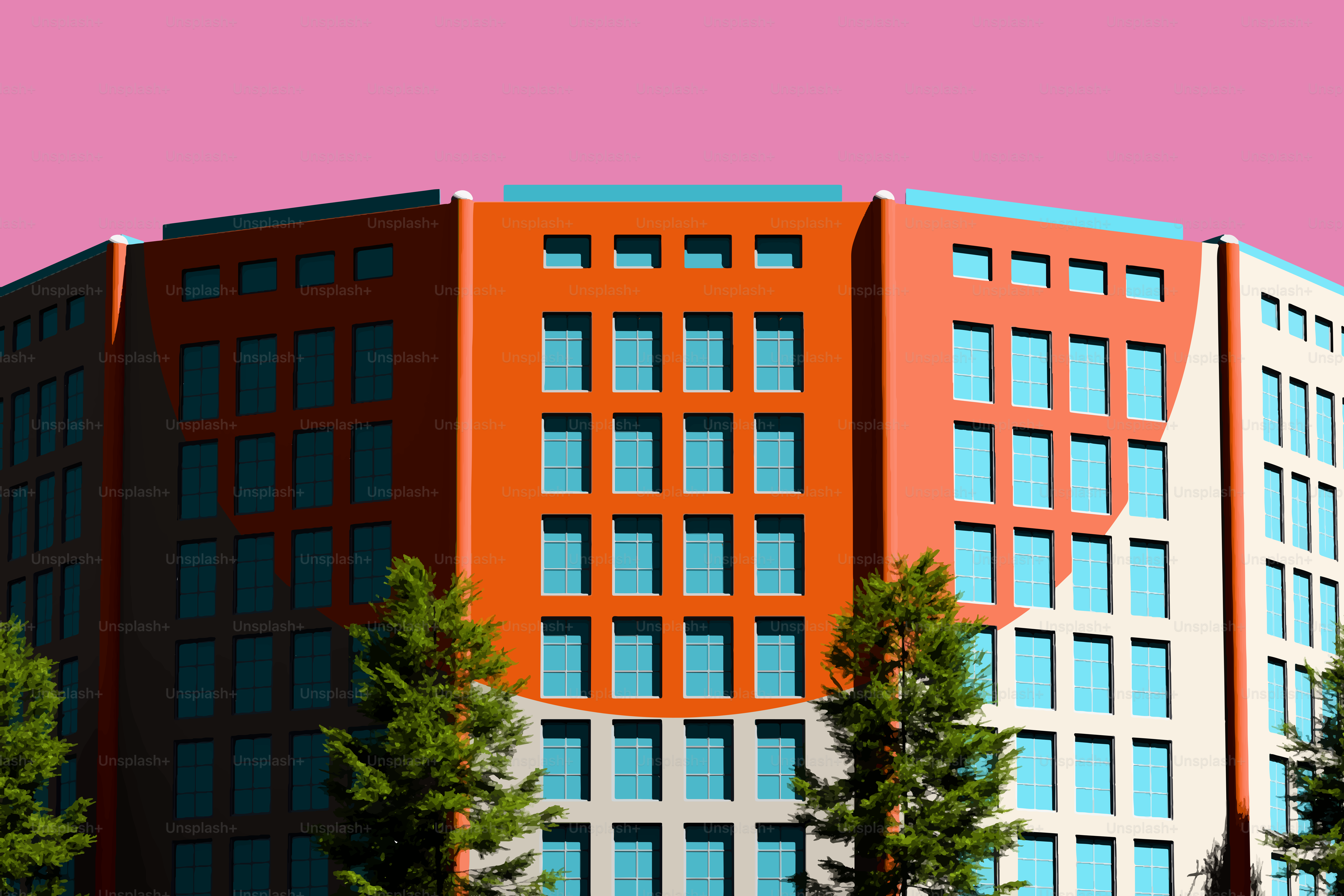 Modern building with orange and white facade under pink sky