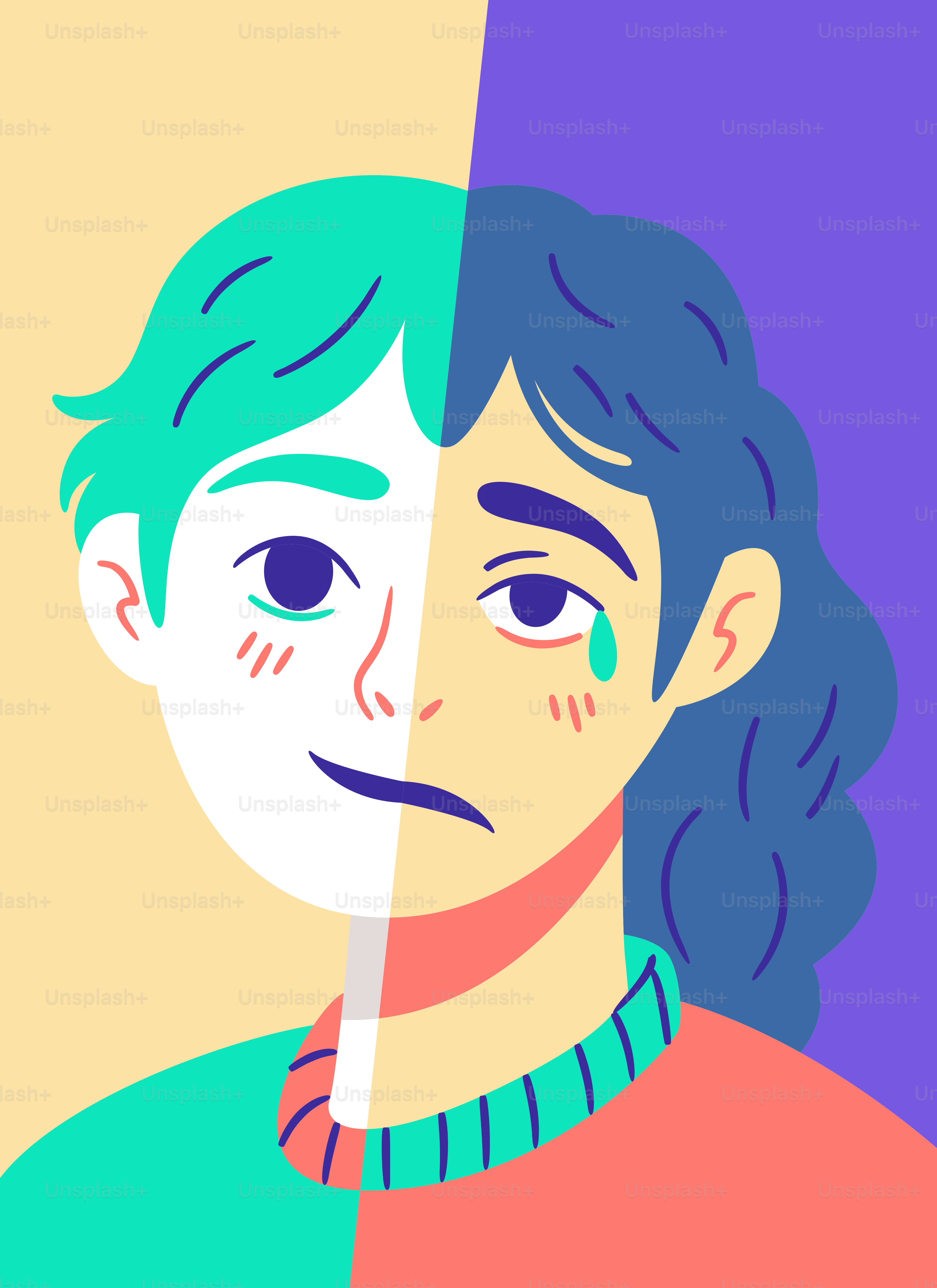 対照的な感情や色が見える分裂した顔