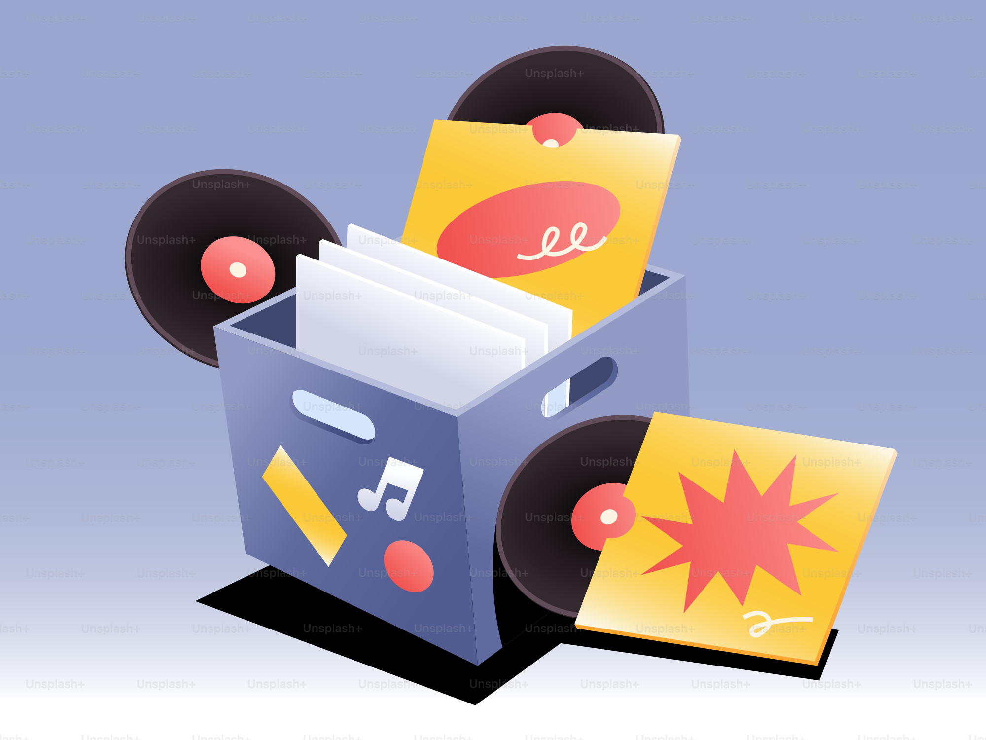 A crate of vinyl records with colorful sleeves