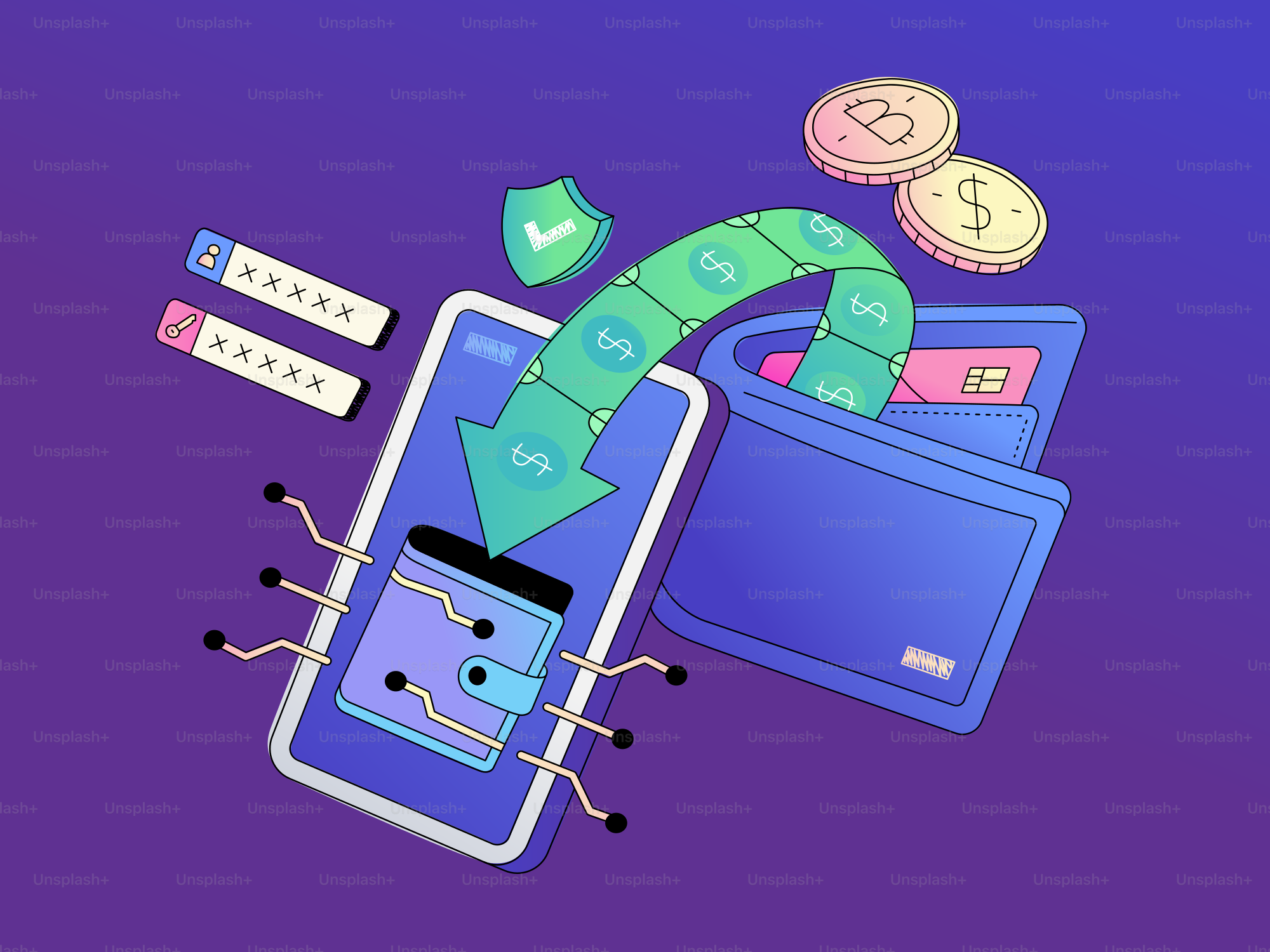 Digital wallet transfer with security and coins.