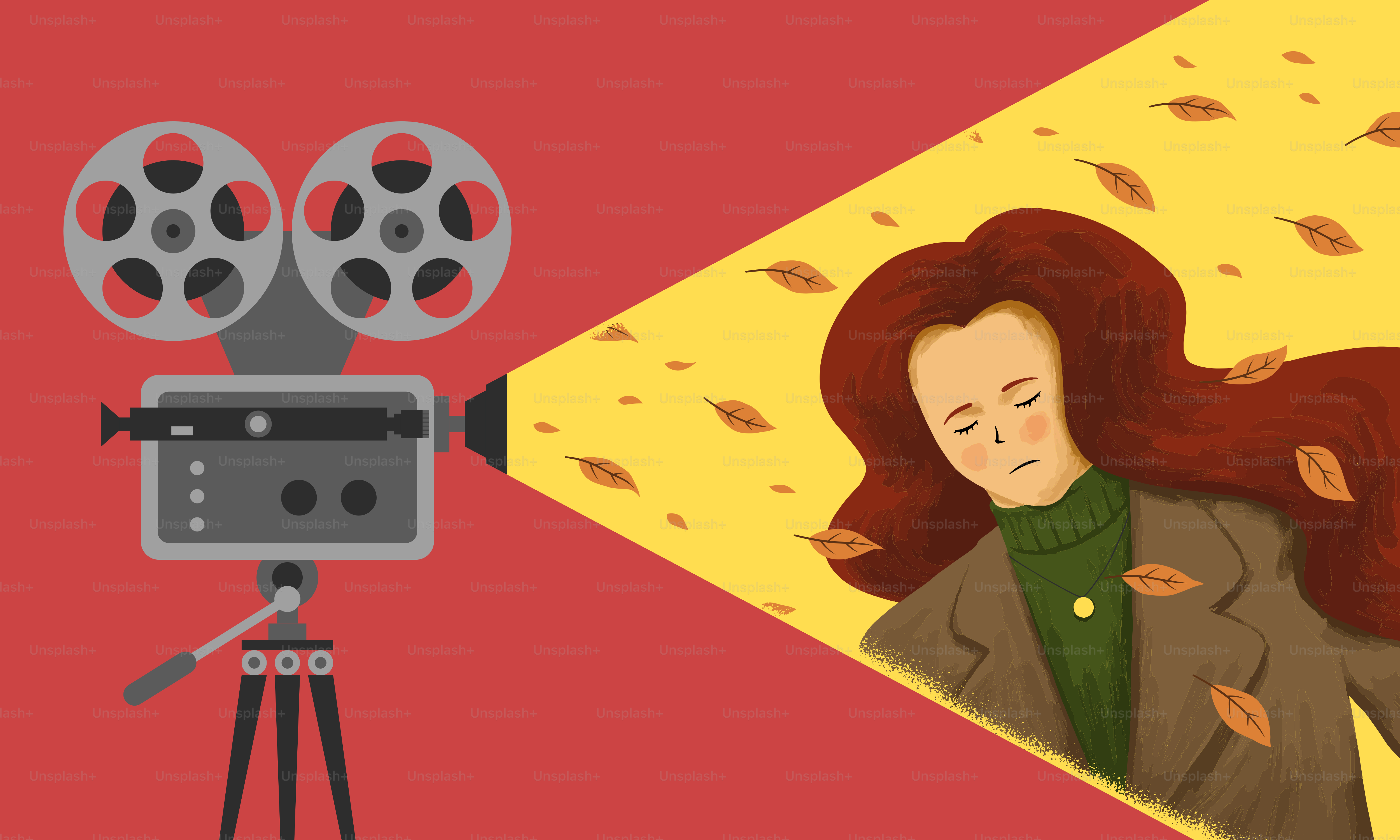 Donna che dorme mentre le foglie autunnali cadono dalla luce del proiettore.