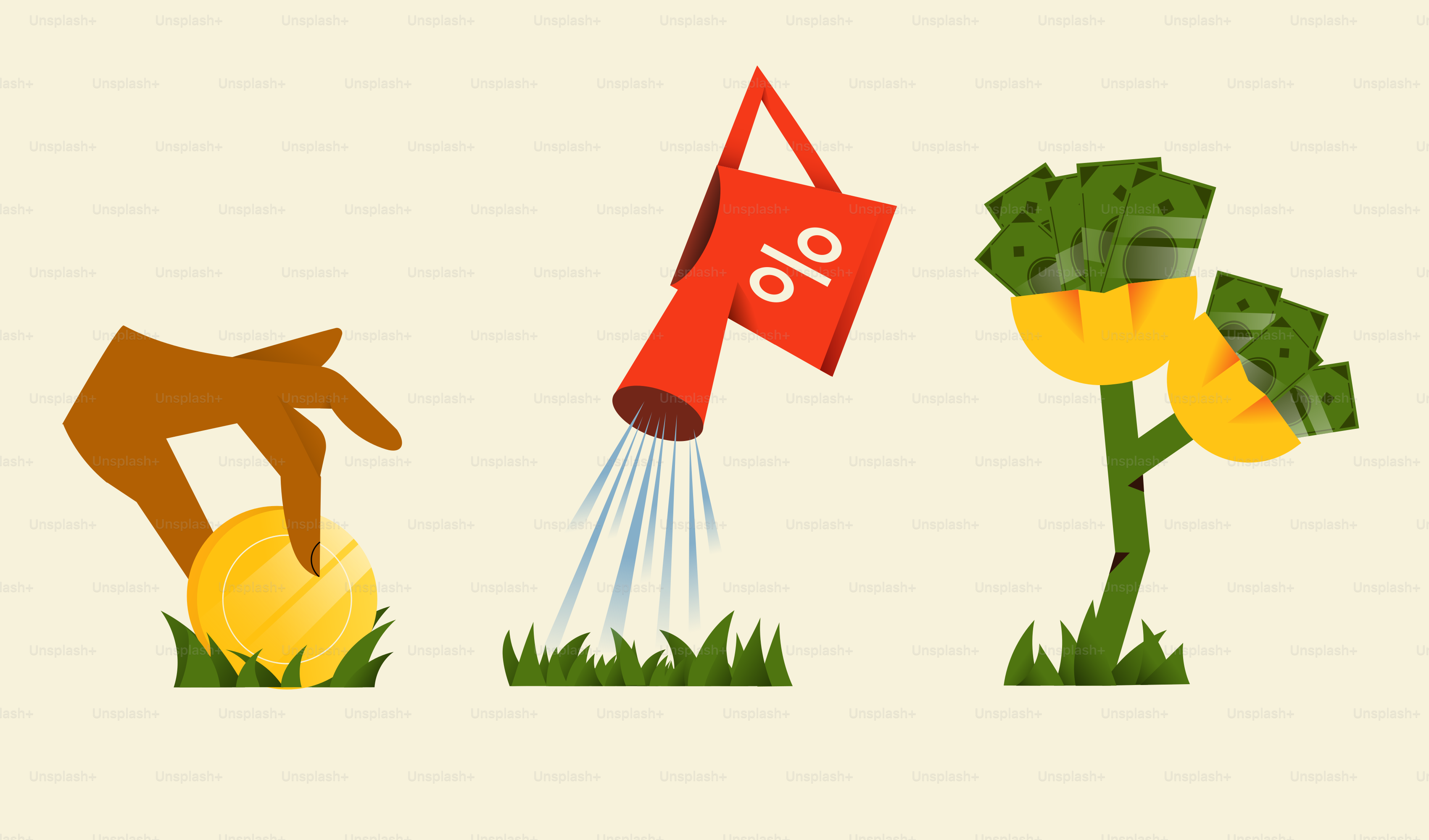 Planting coin, watering with percentage, growing money tree.