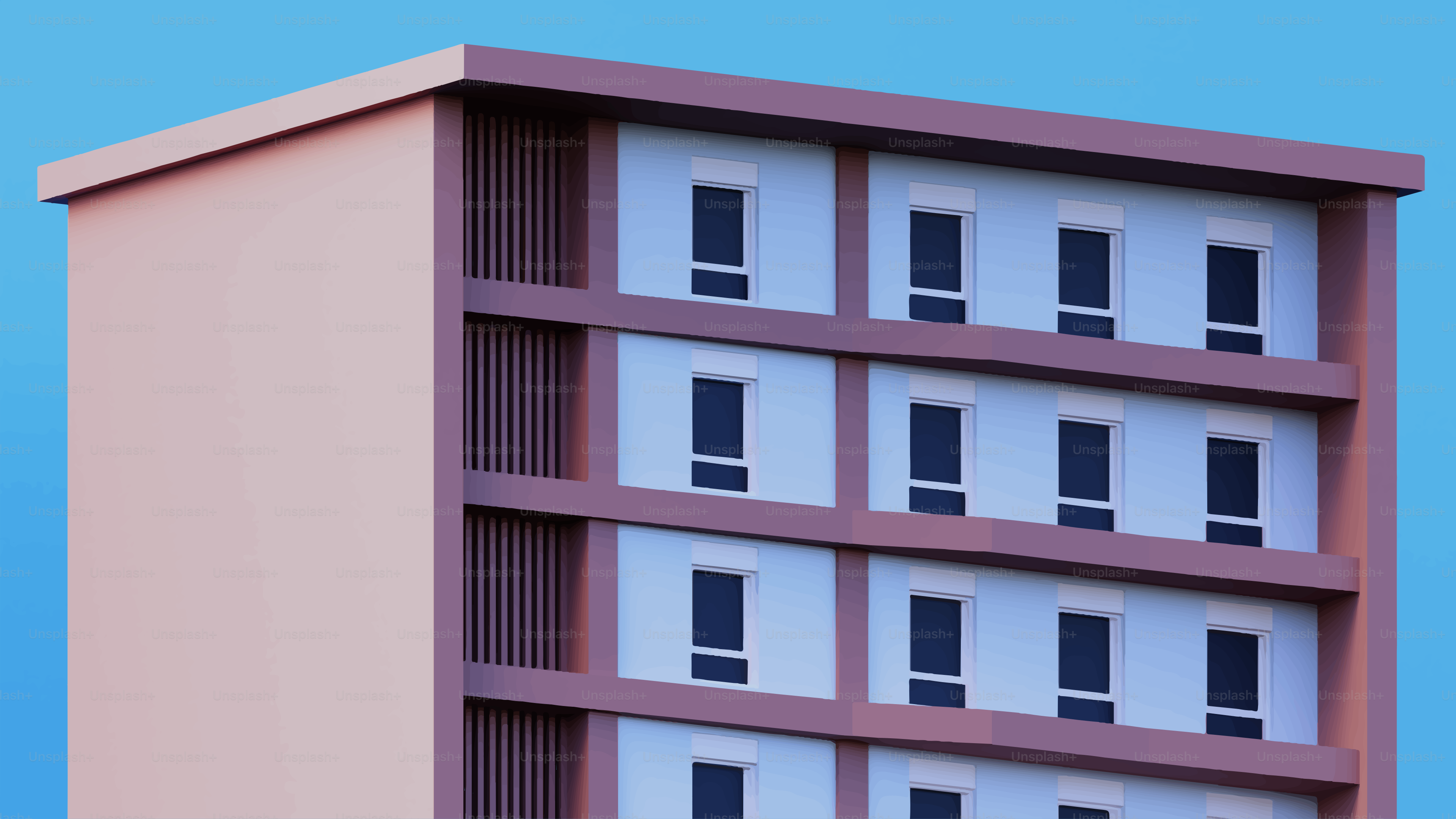 Ein rosa Gebäude mit vielen Fenstern gegen den blauen Himmel