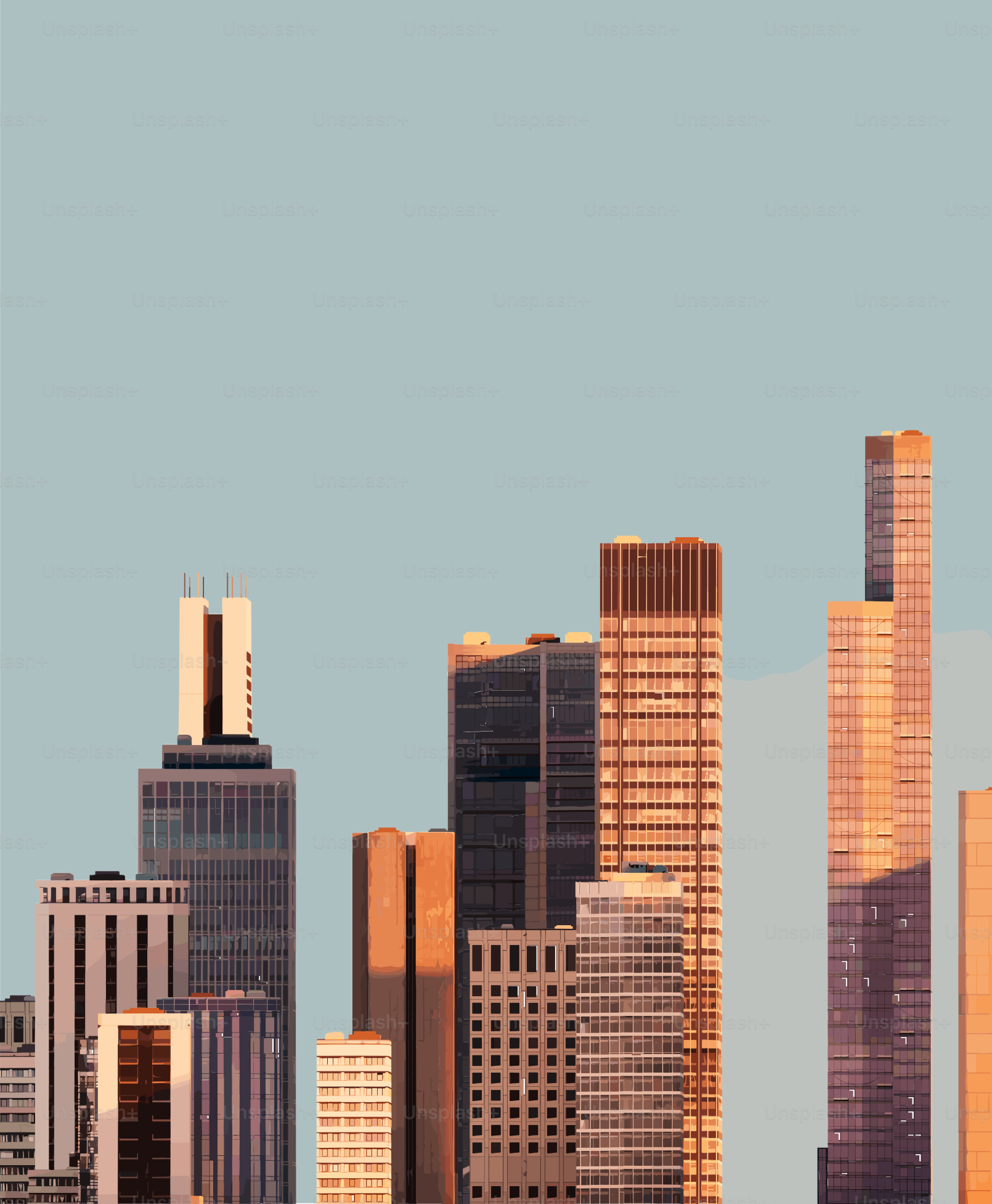 Modern skyscrapers against a pale blue sky