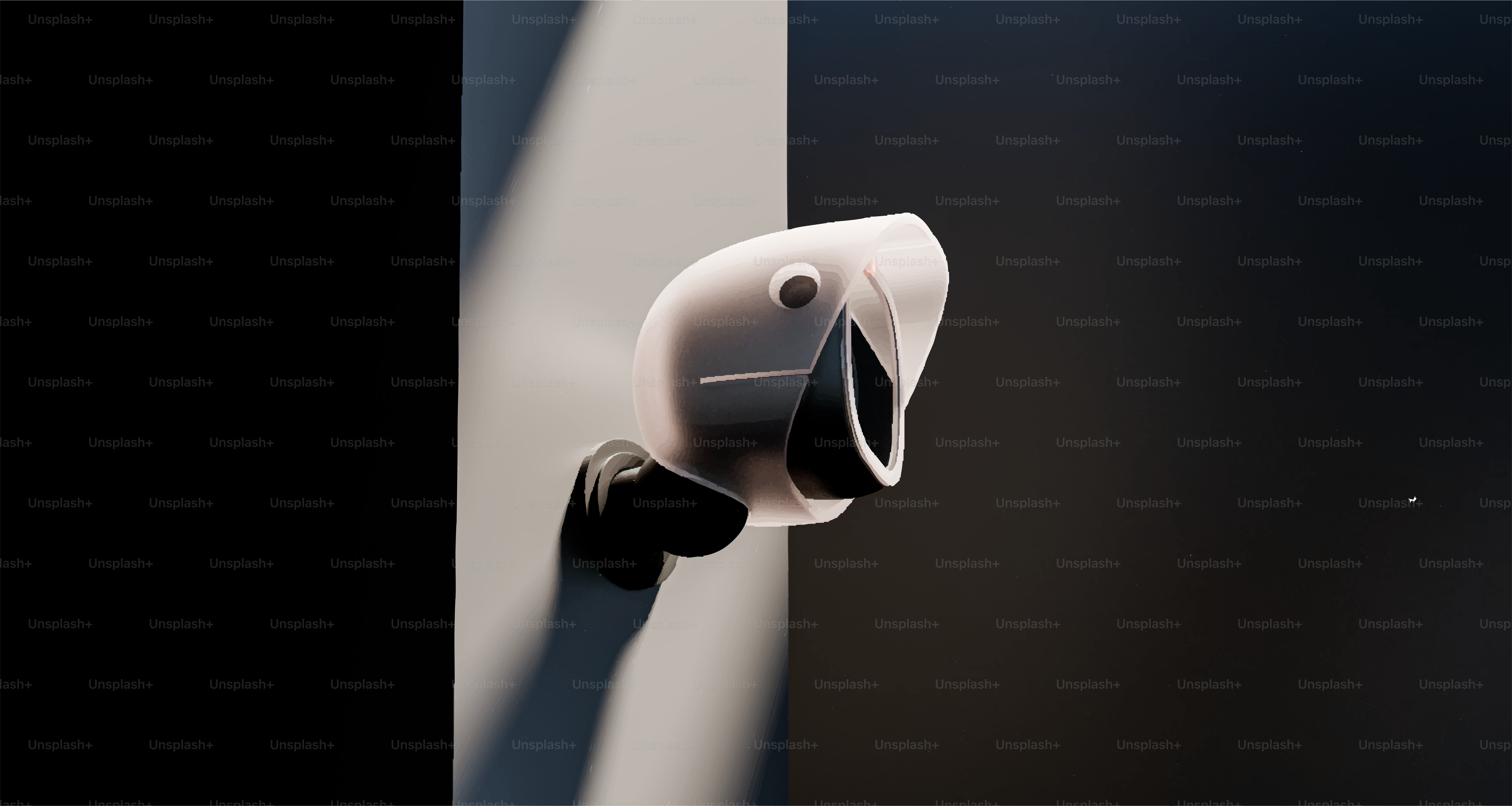 Uma cabeça de pássaro branca estilizada com detalhes em preto.