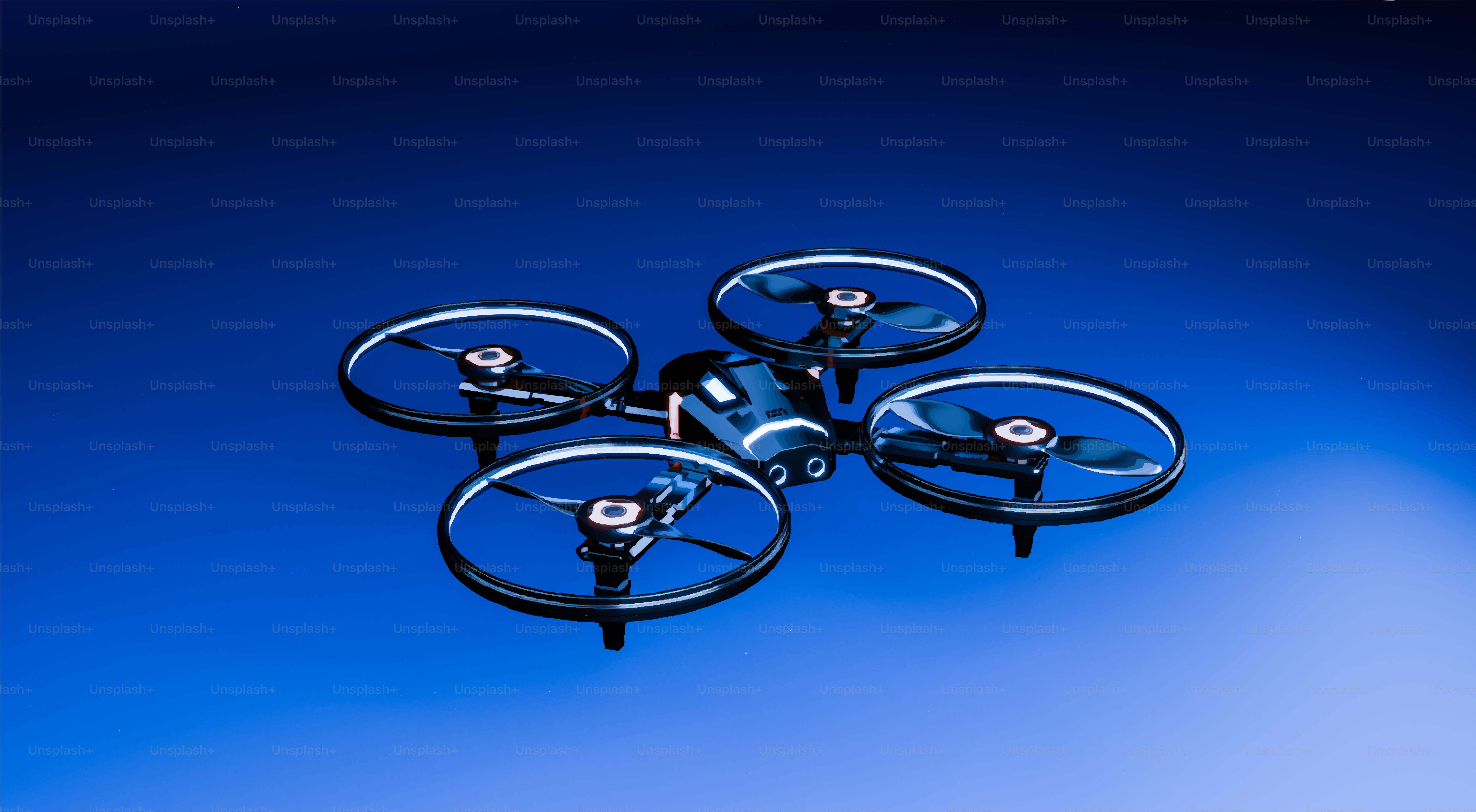 Um drone preto com quatro hélices sobre fundo azul