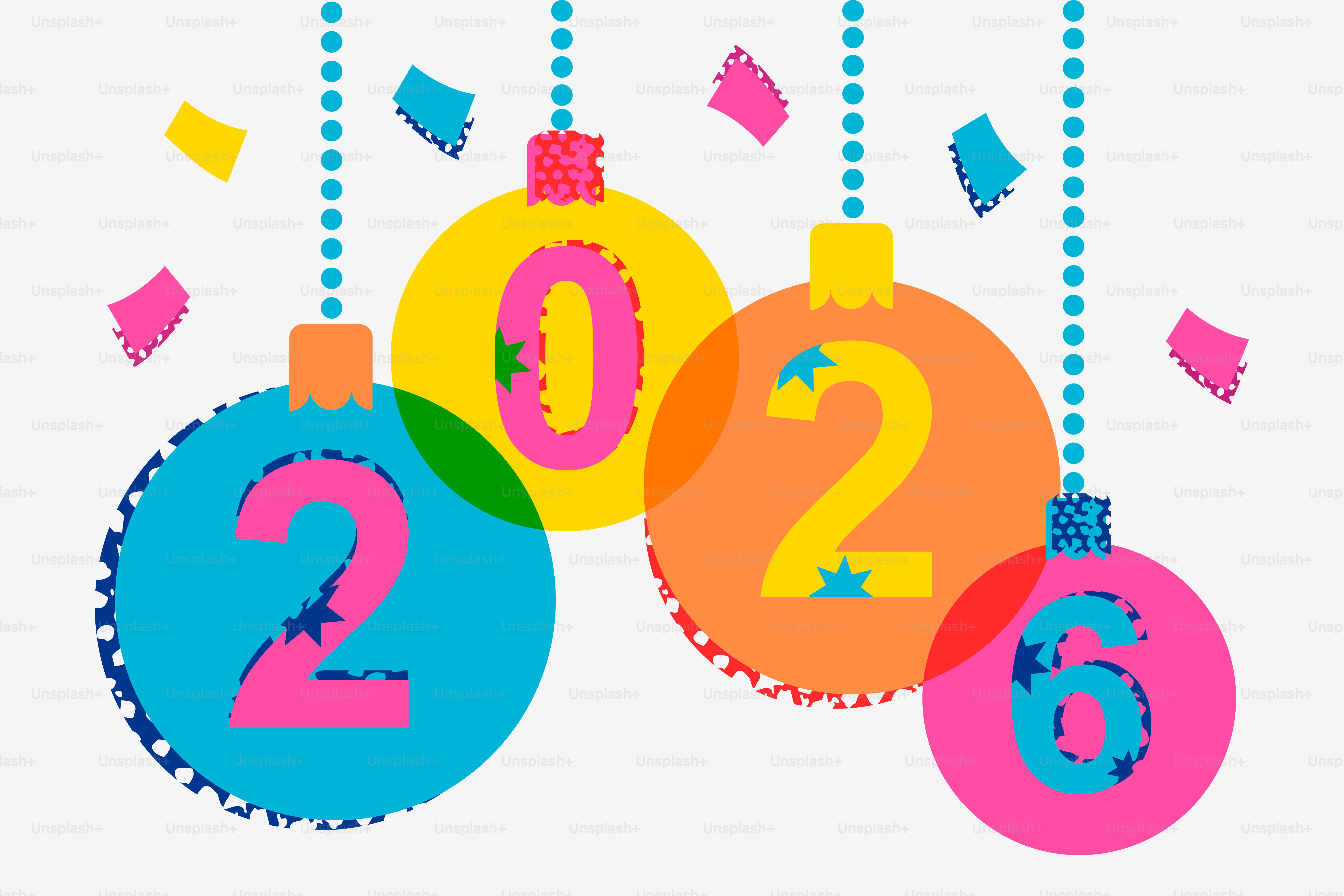 Four colorful ornaments with numbers 2026