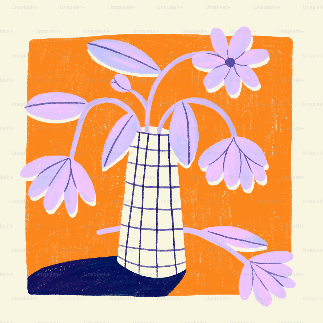 A vase with purple flowers on an orange background