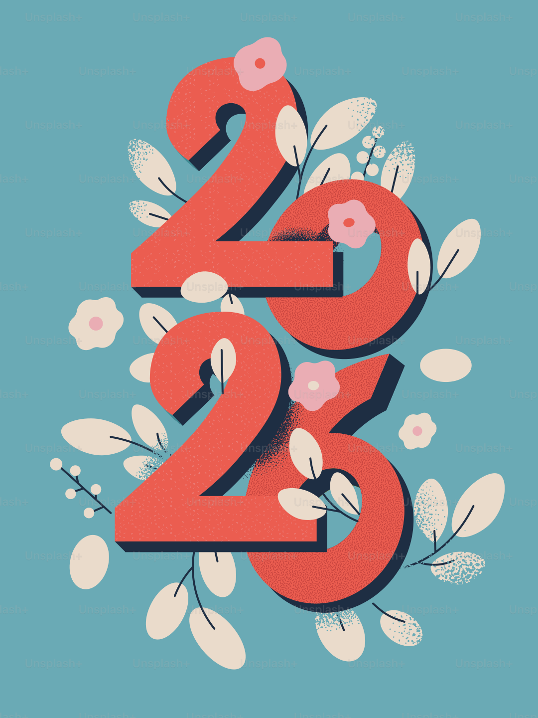 Red numbers 2023 with floral elements on blue background