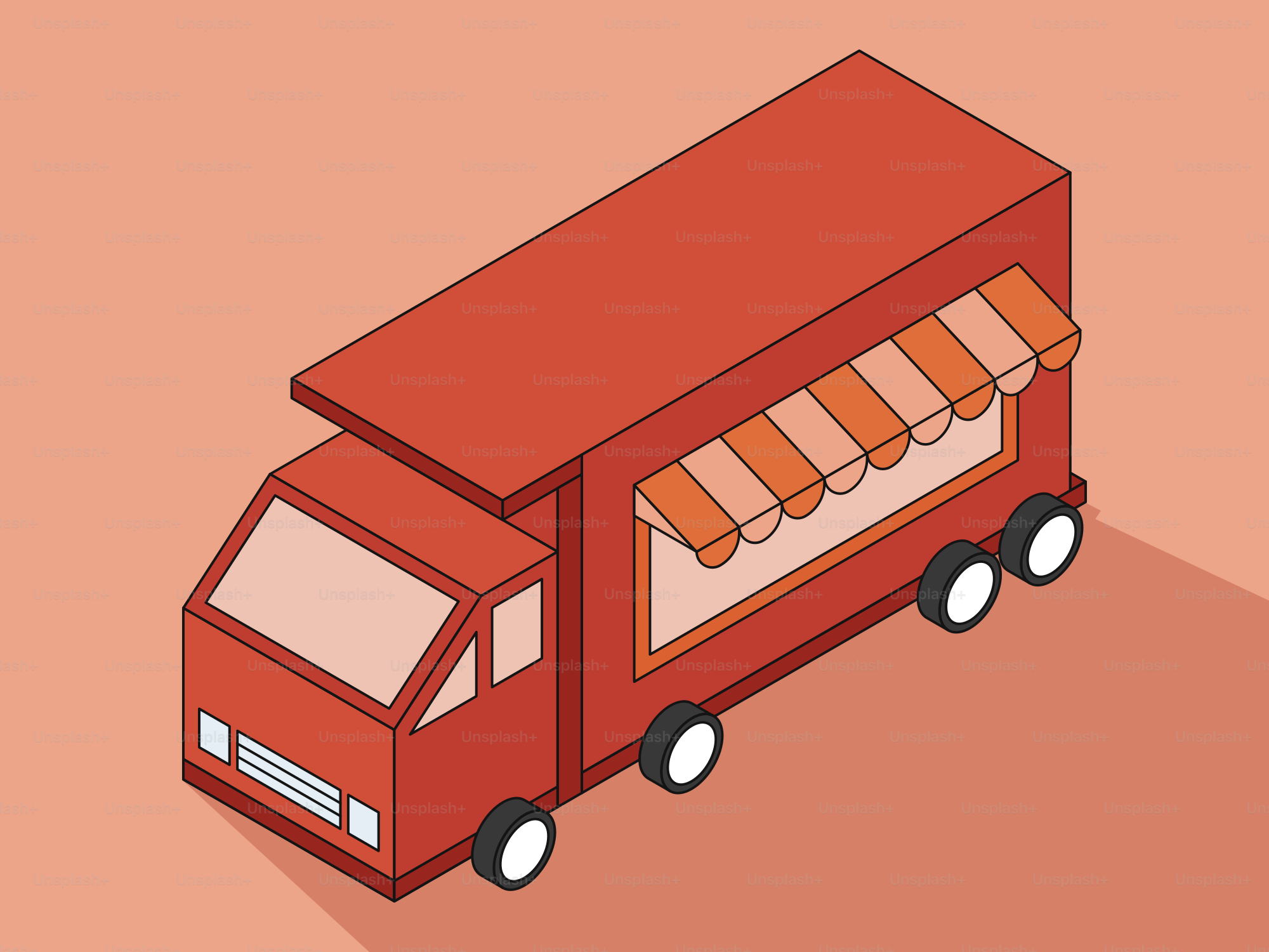 Tampilan isometrik truk makanan merah dengan tenda