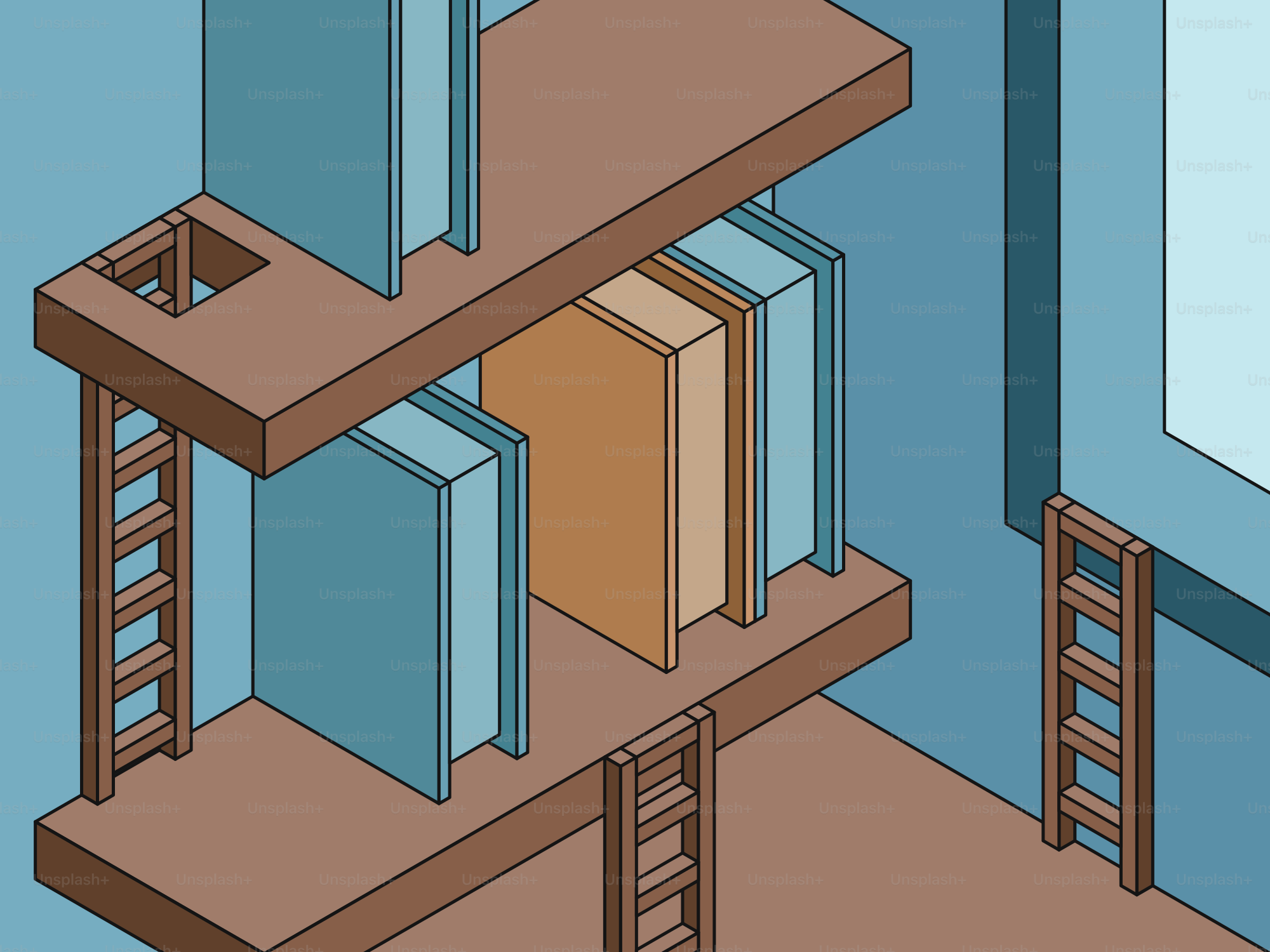 Bookshelves with ladders and books.