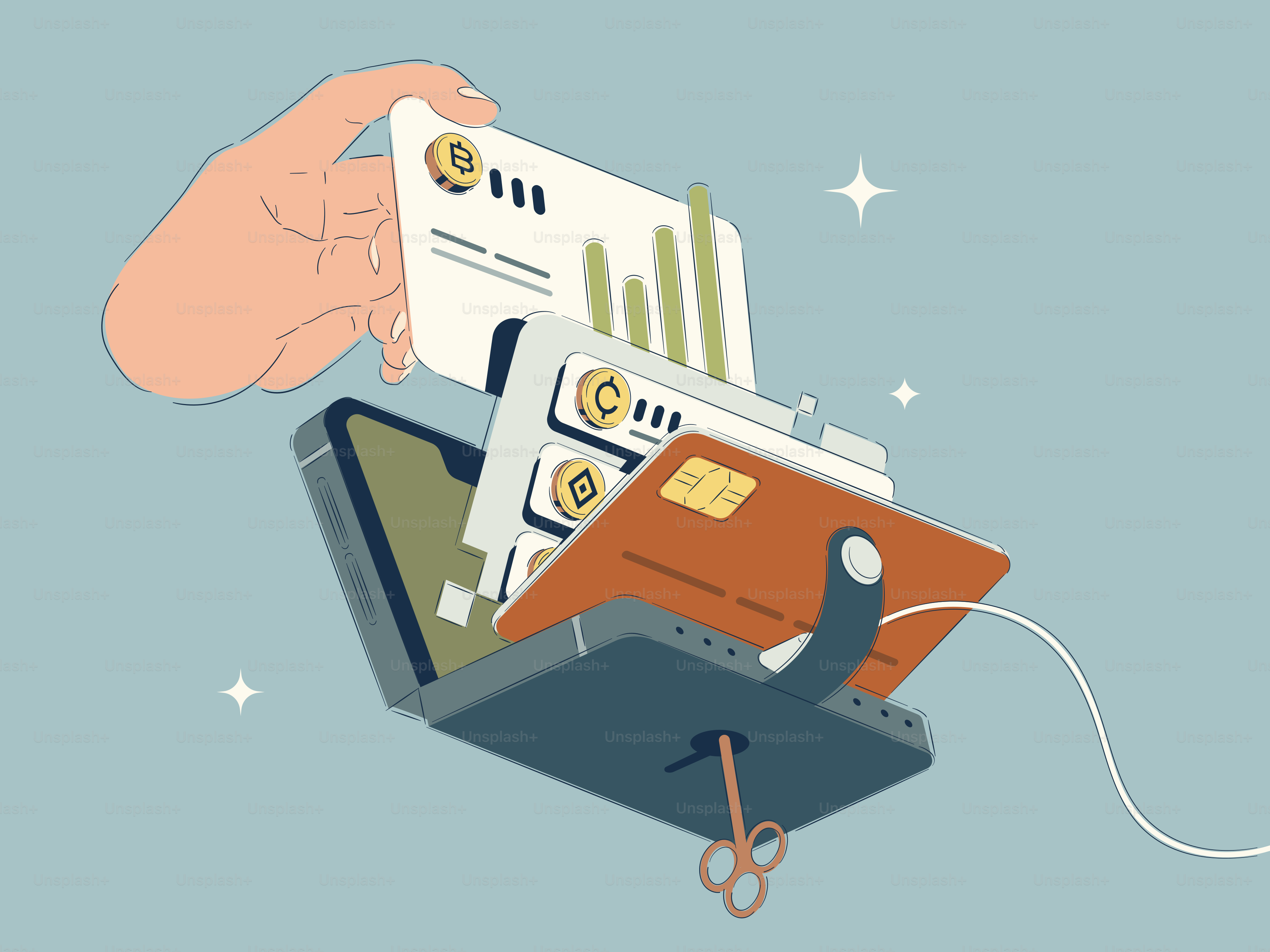 Hand holding credit cards and smartphone from wallet.