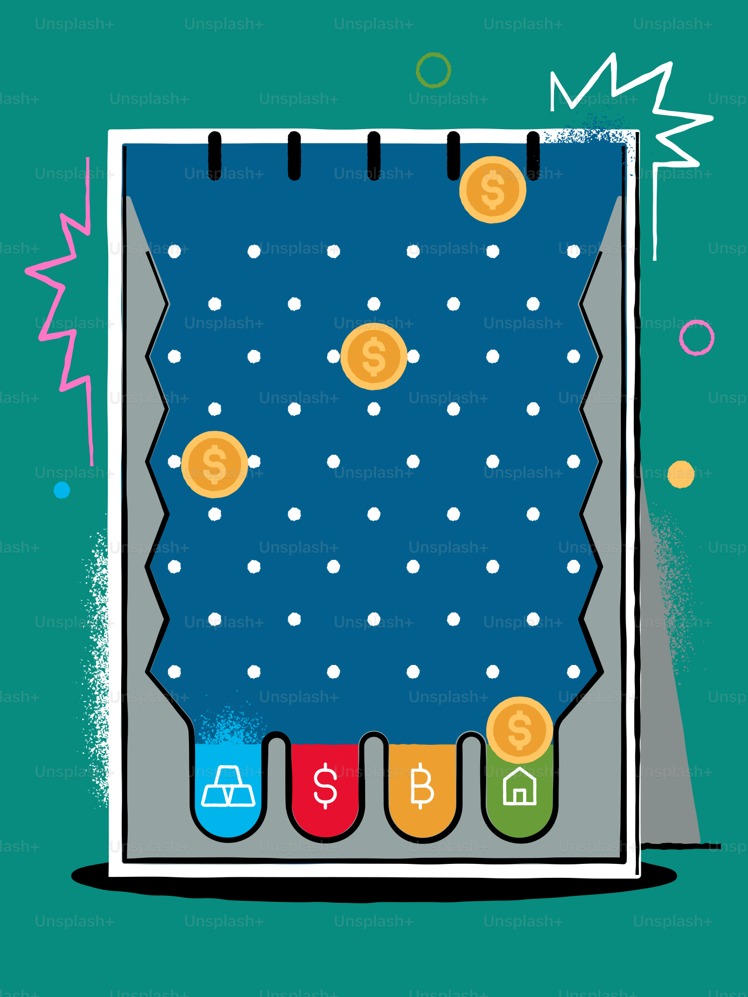 金融シンボルが刻まれたスロットにコインが落ちる。