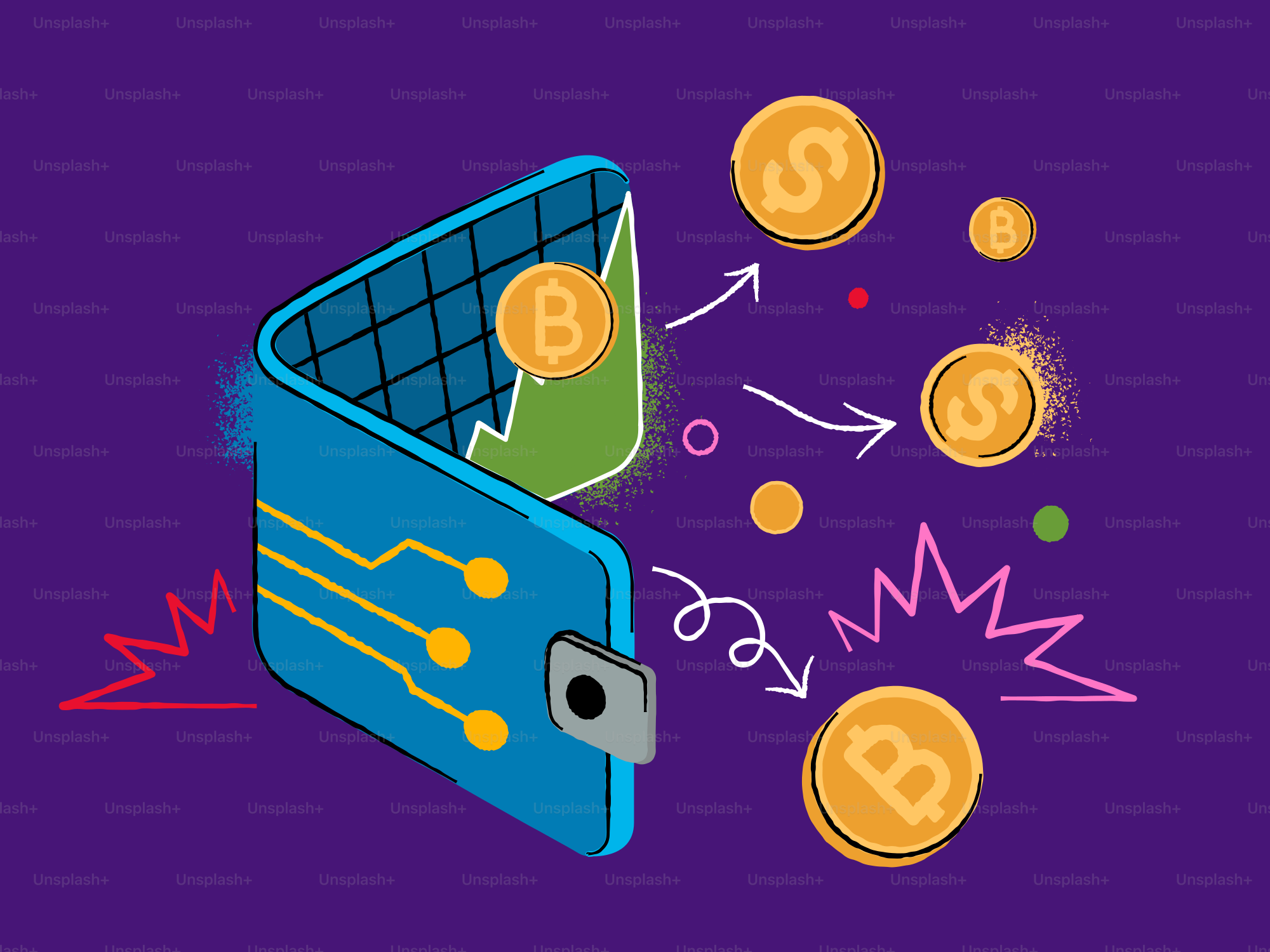 Billetera digital con criptomoneda y gráfico de crecimiento