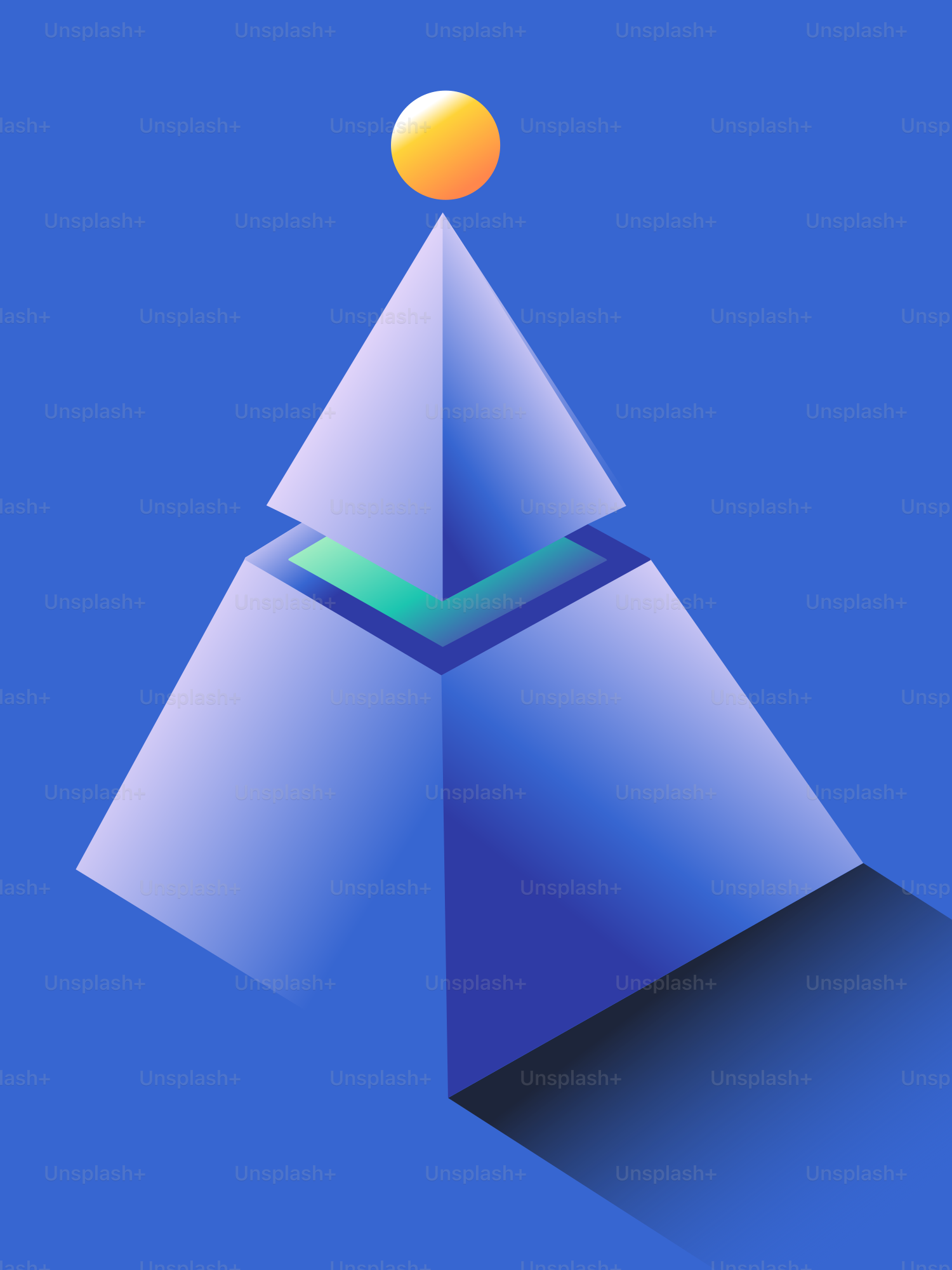 Bentuk geometris abstrak dengan bola emas di atasnya