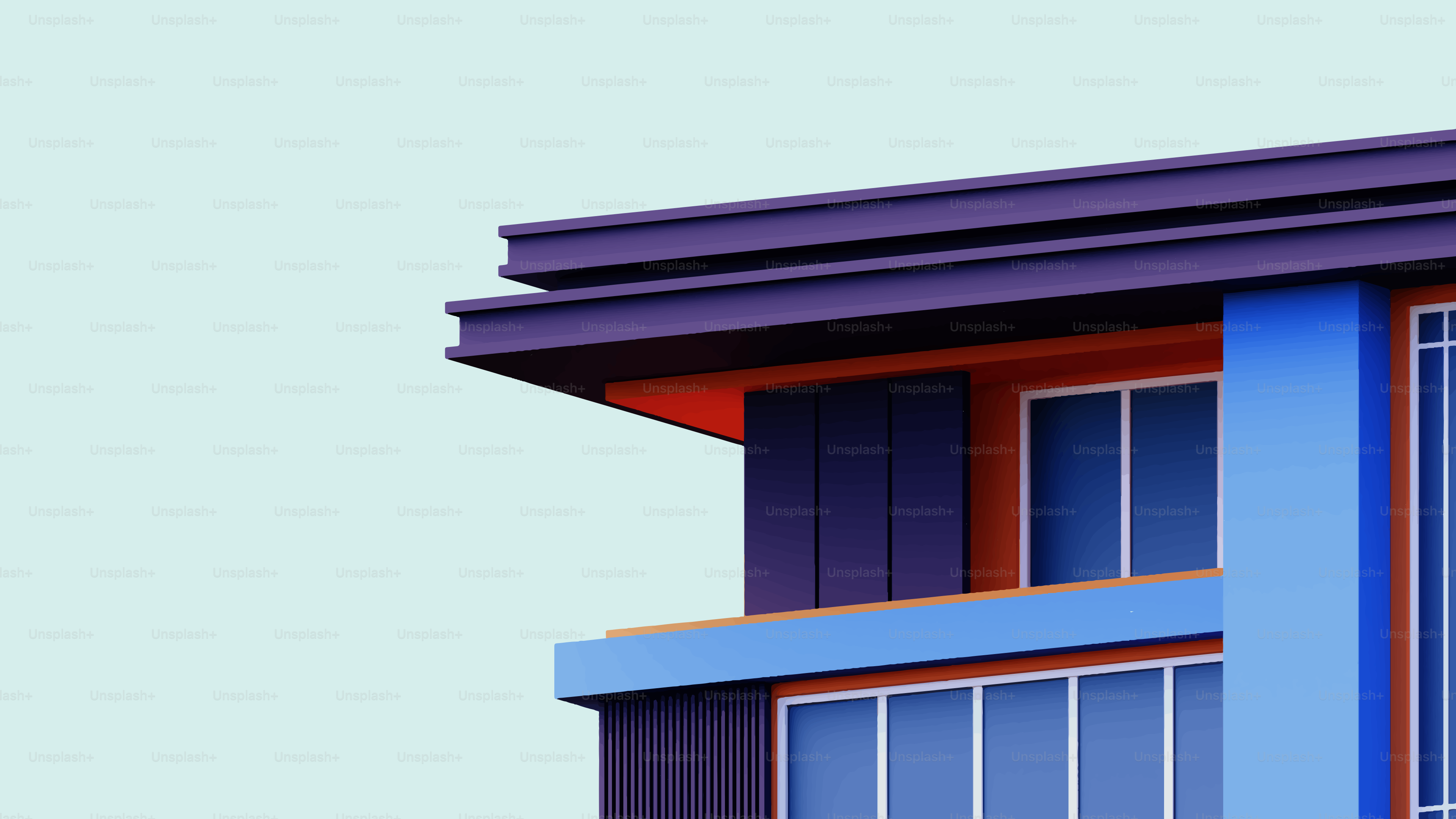 Modernes Gebäude mit lila, orangen und blauen Akzenten.