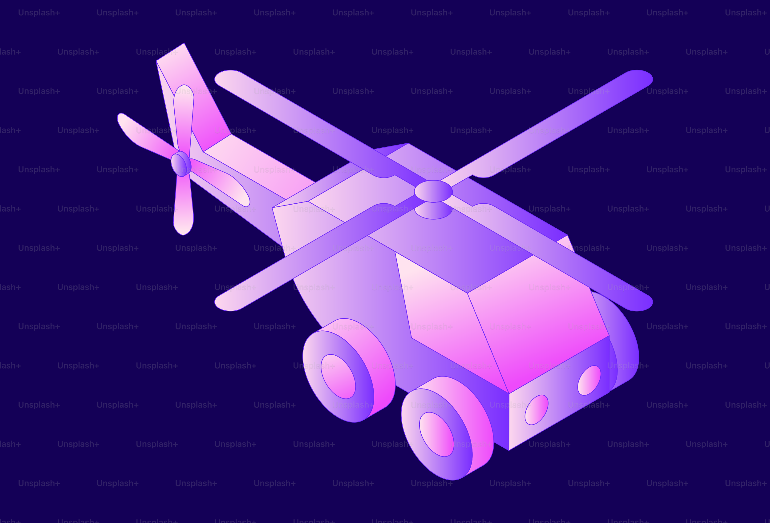 A stylized helicopter with wheels on a dark background.