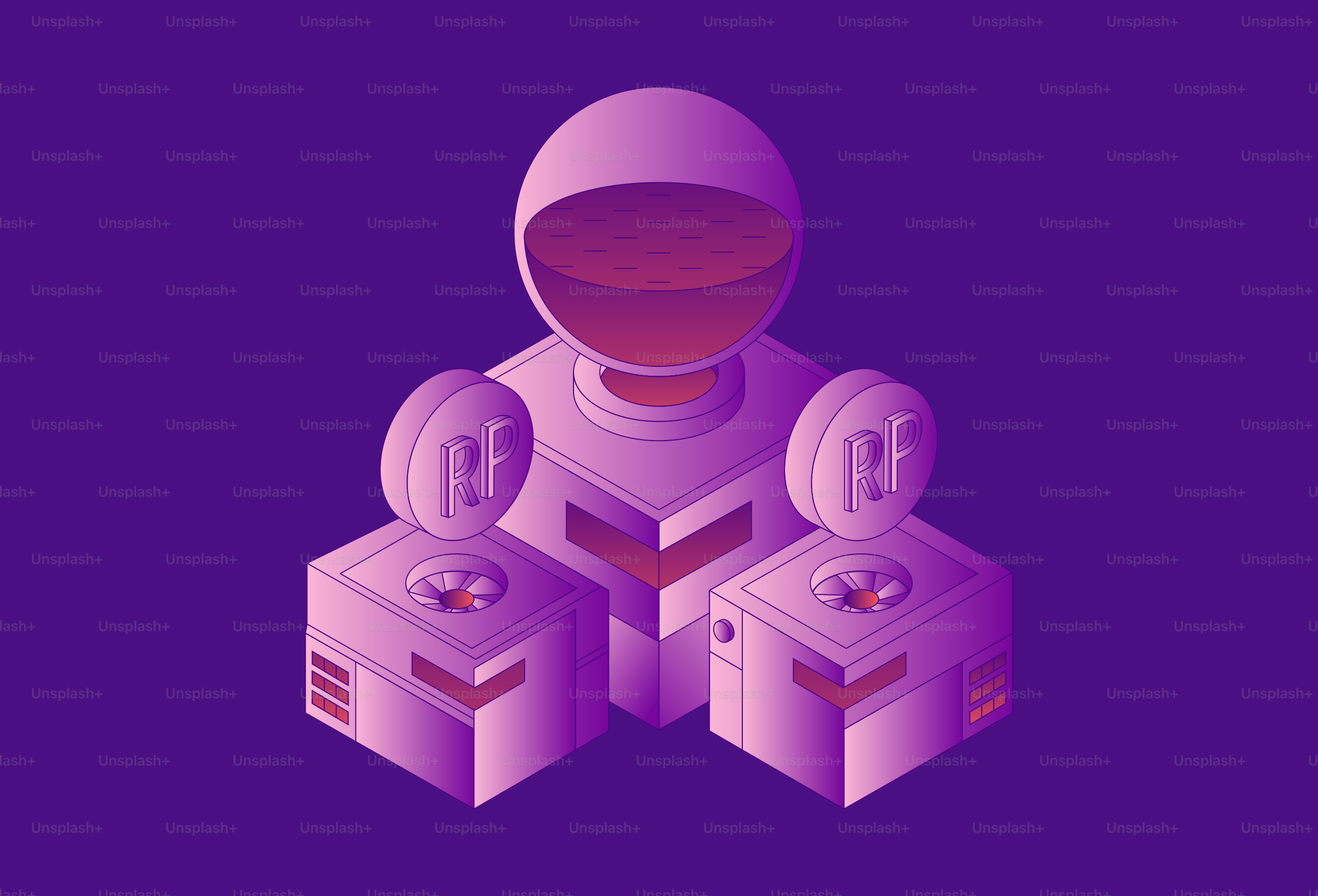 Astronaute avec deux plus petites figures sur fond violet