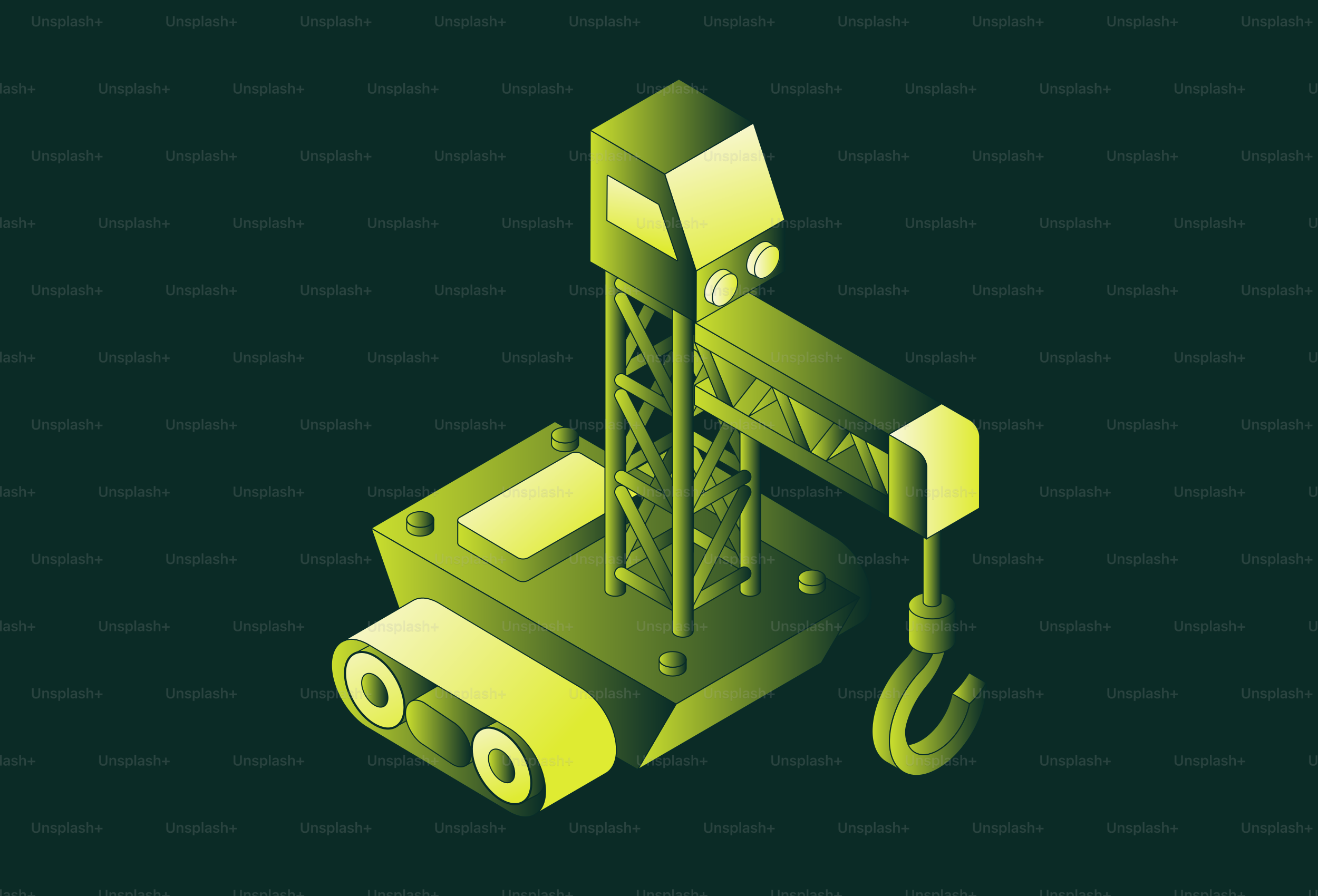 Green construction crane with tracks on dark background