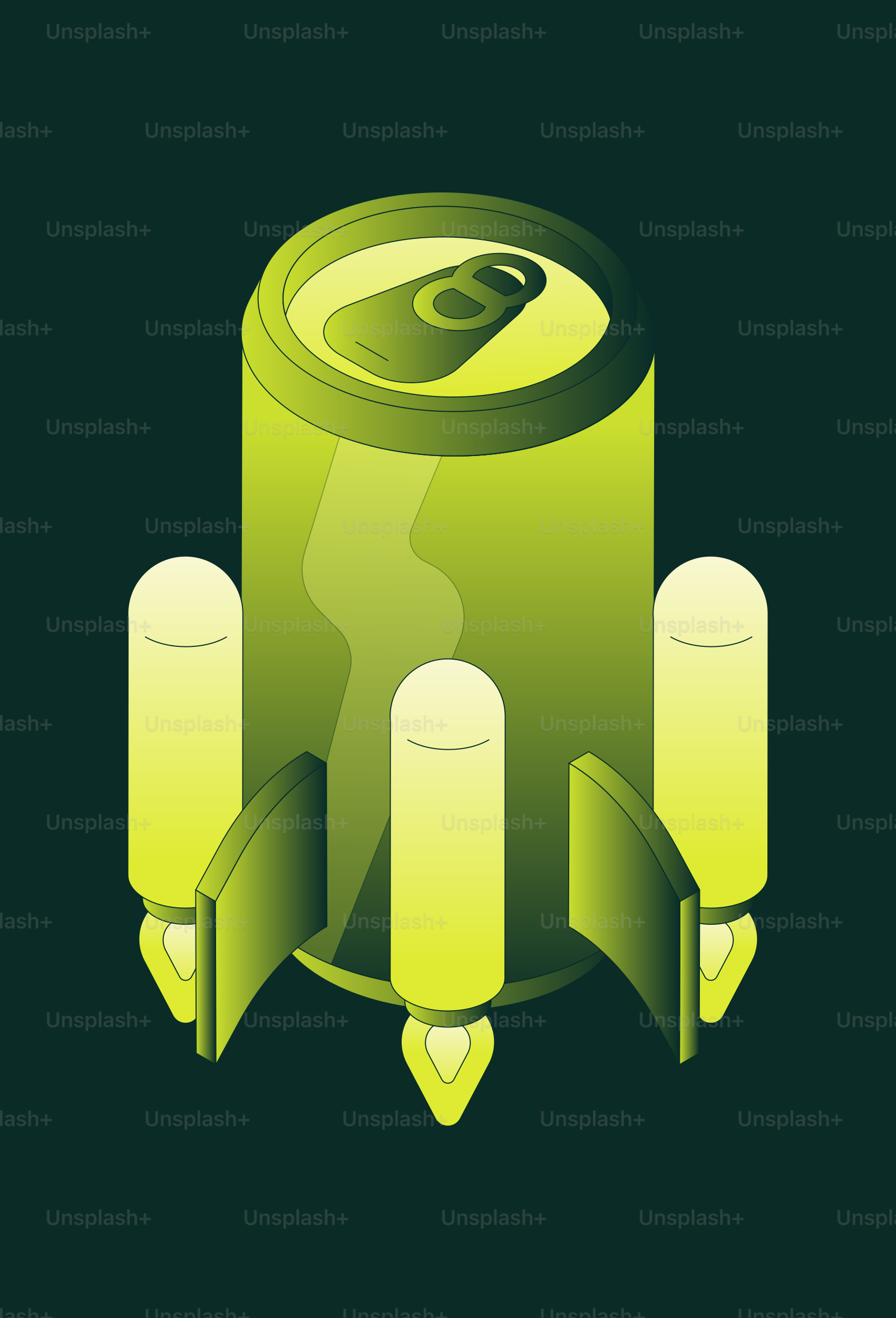 Green soda can shaped like a rocket launching