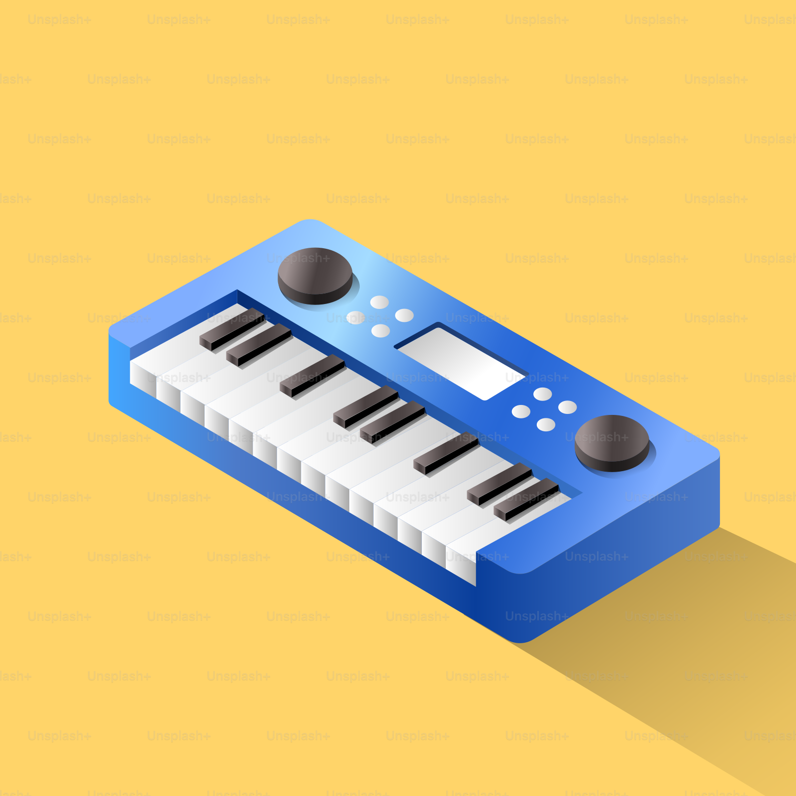 Um teclado eletrônico azul em um fundo amarelo