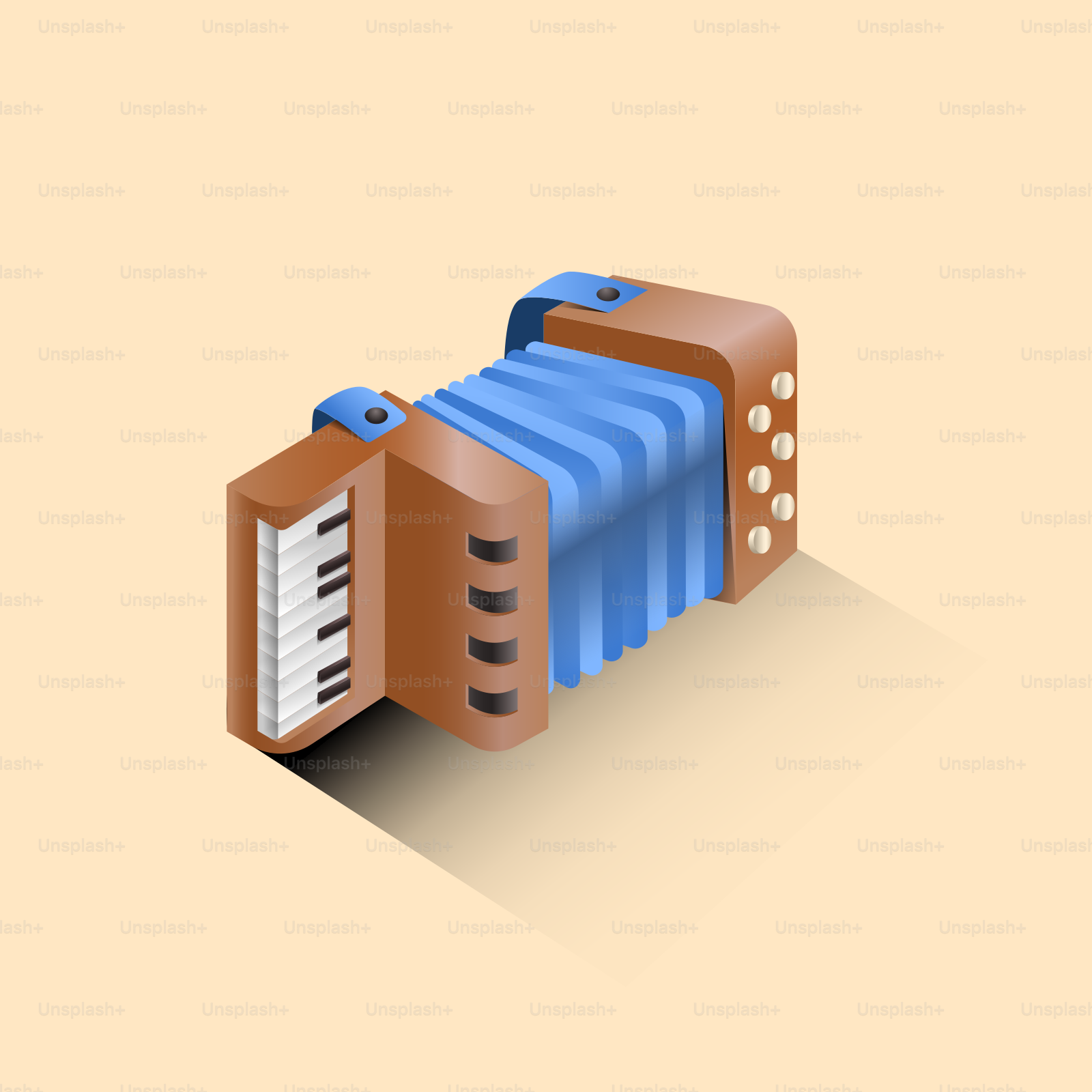 A stylized accordion with blue bellows and brown casing.