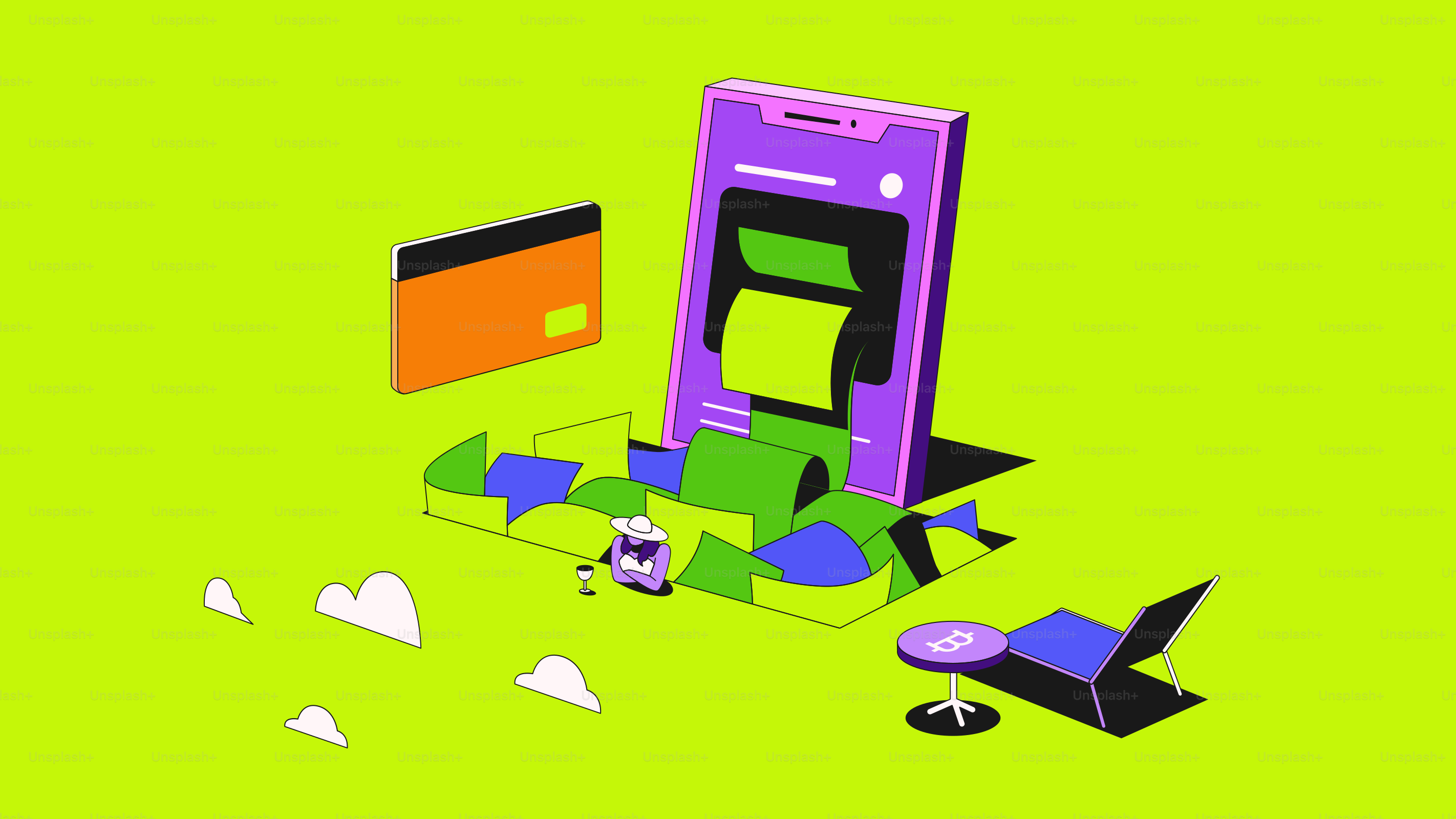 Smartphone with receipt and credit card on green background