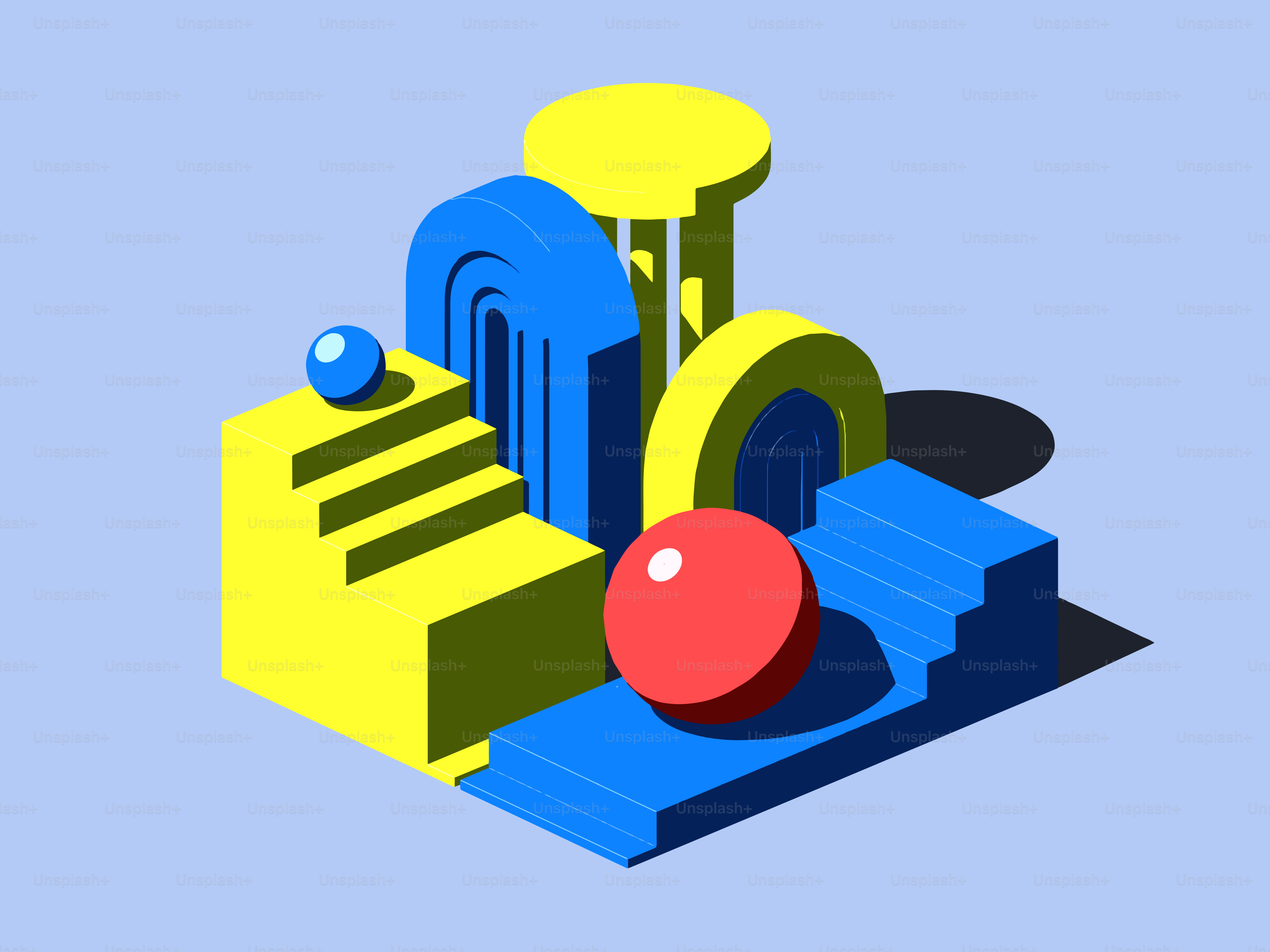 Abstrakte geometrische Formen mit Kugeln und Treppen.