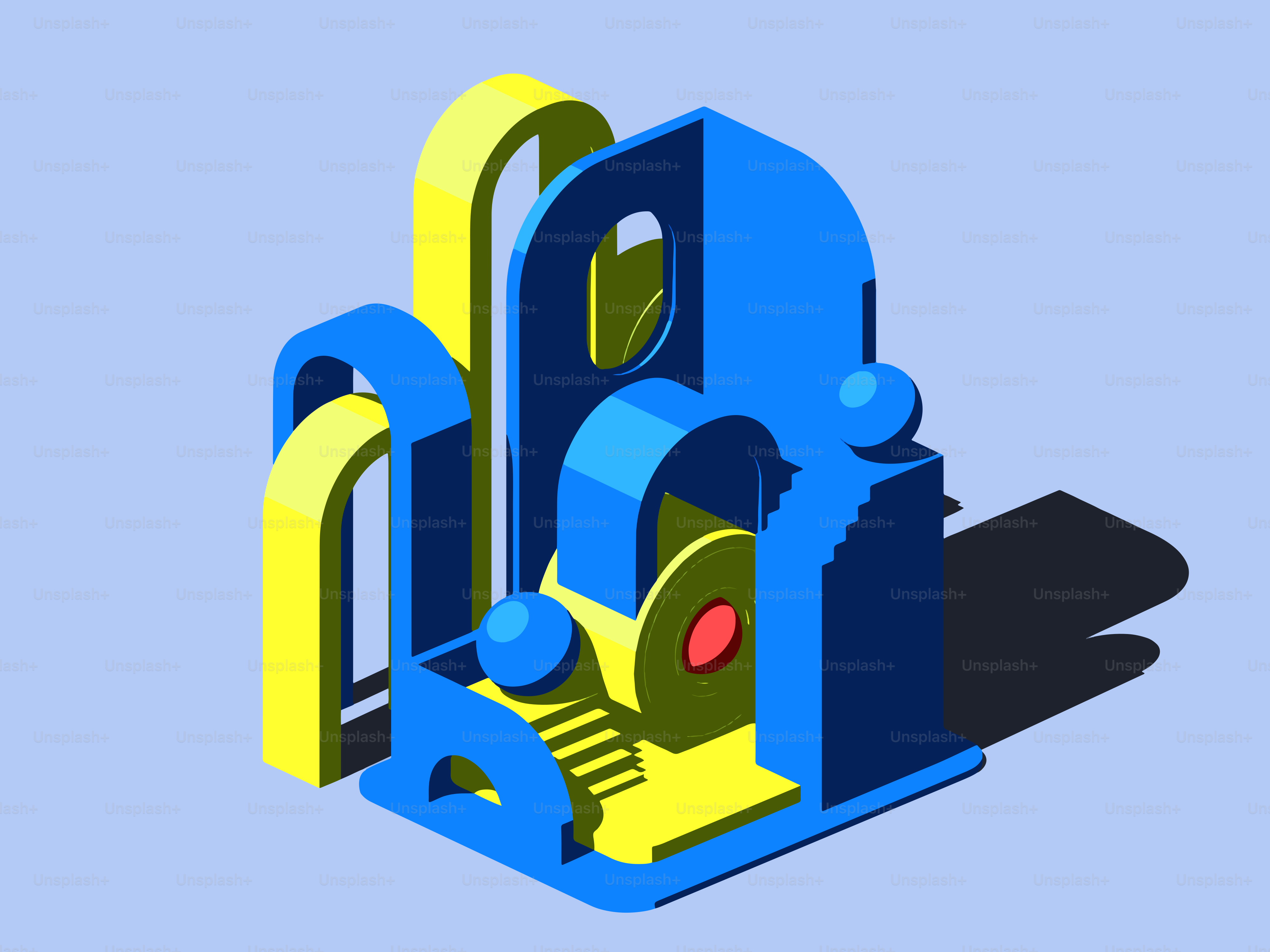 Struktur geometris biru dan kuning abstrak dengan lengkungan bulat.