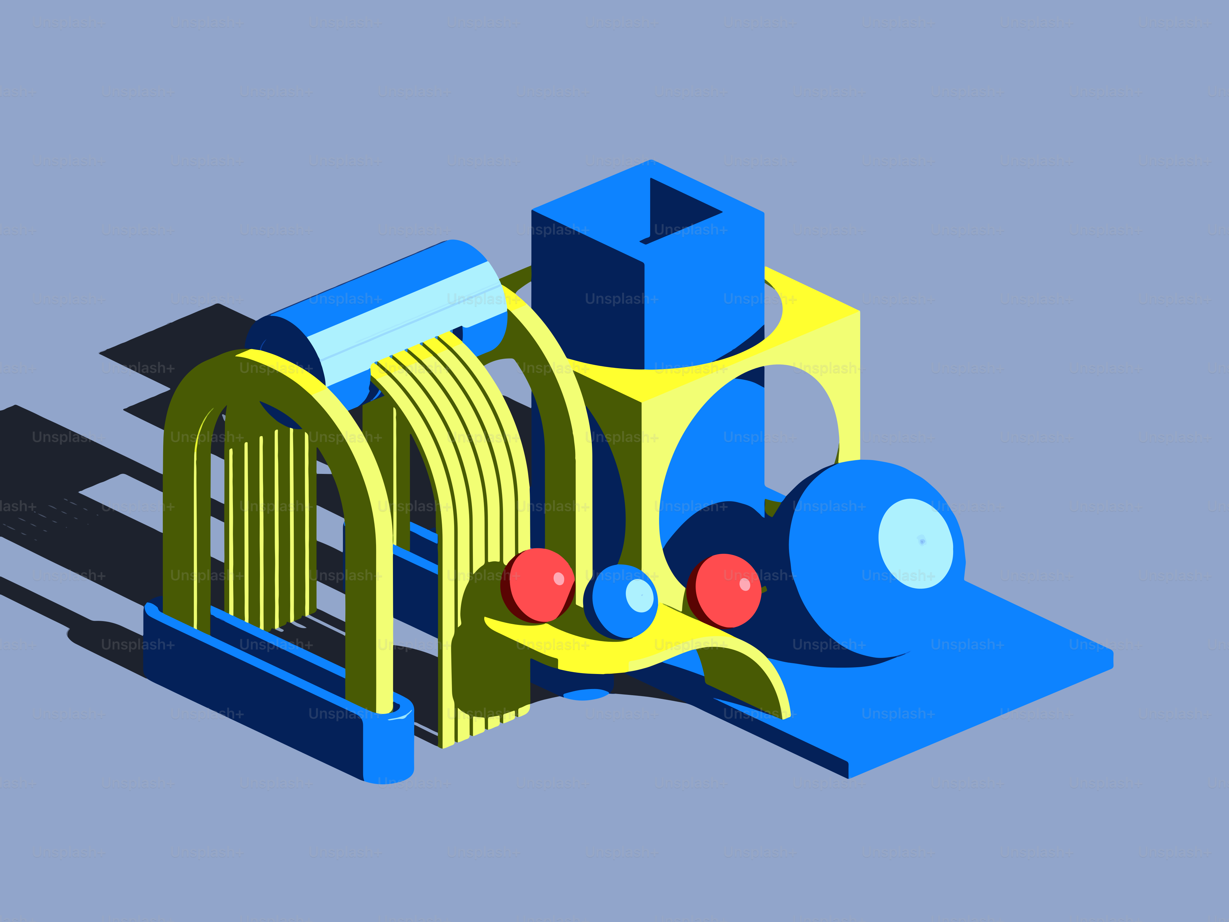 Abstract sculpture with geometric shapes and spheres