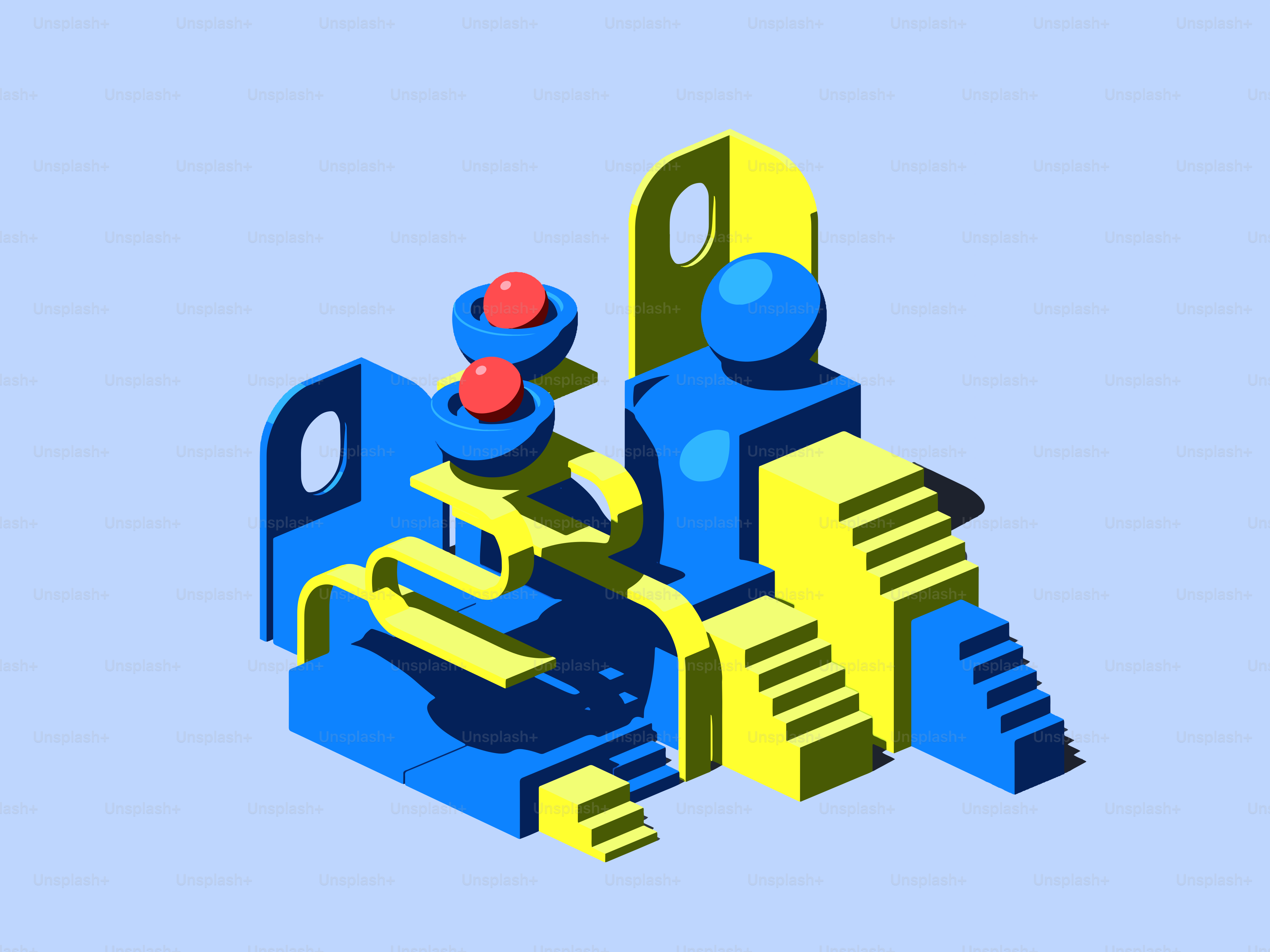 Abstract blue and yellow geometric structures with spheres.