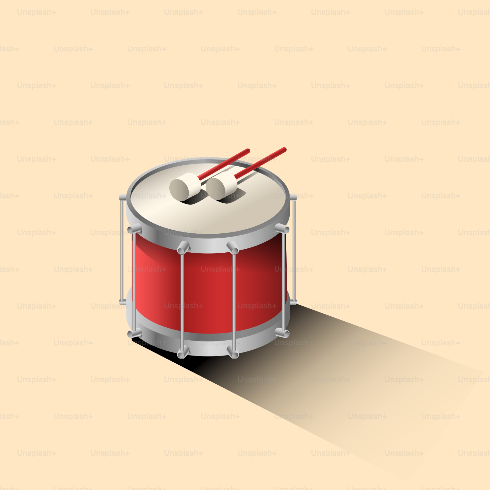 A red drum with drumsticks rests on a plain background.