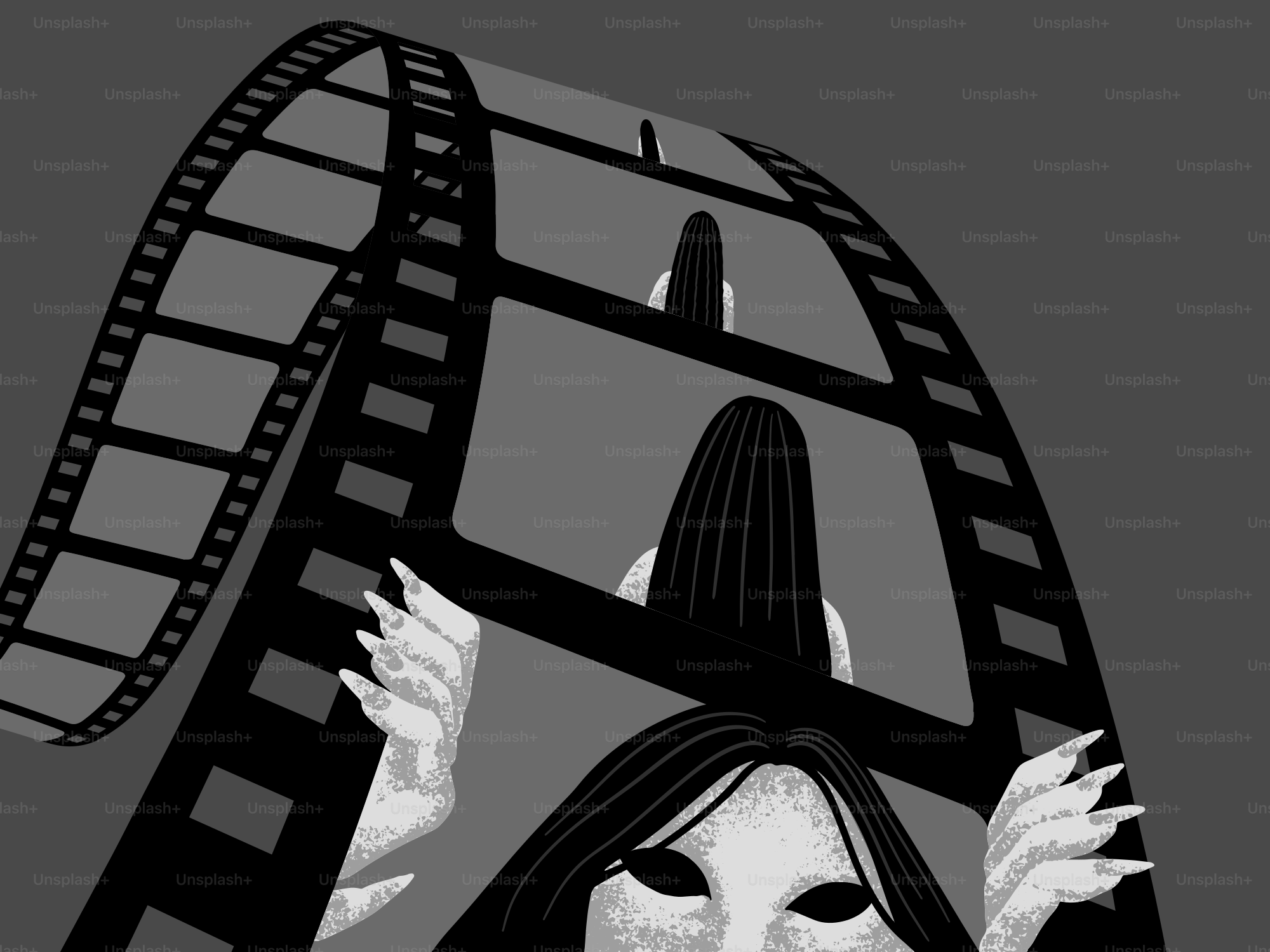 A spooky figure emerges from film reel frames