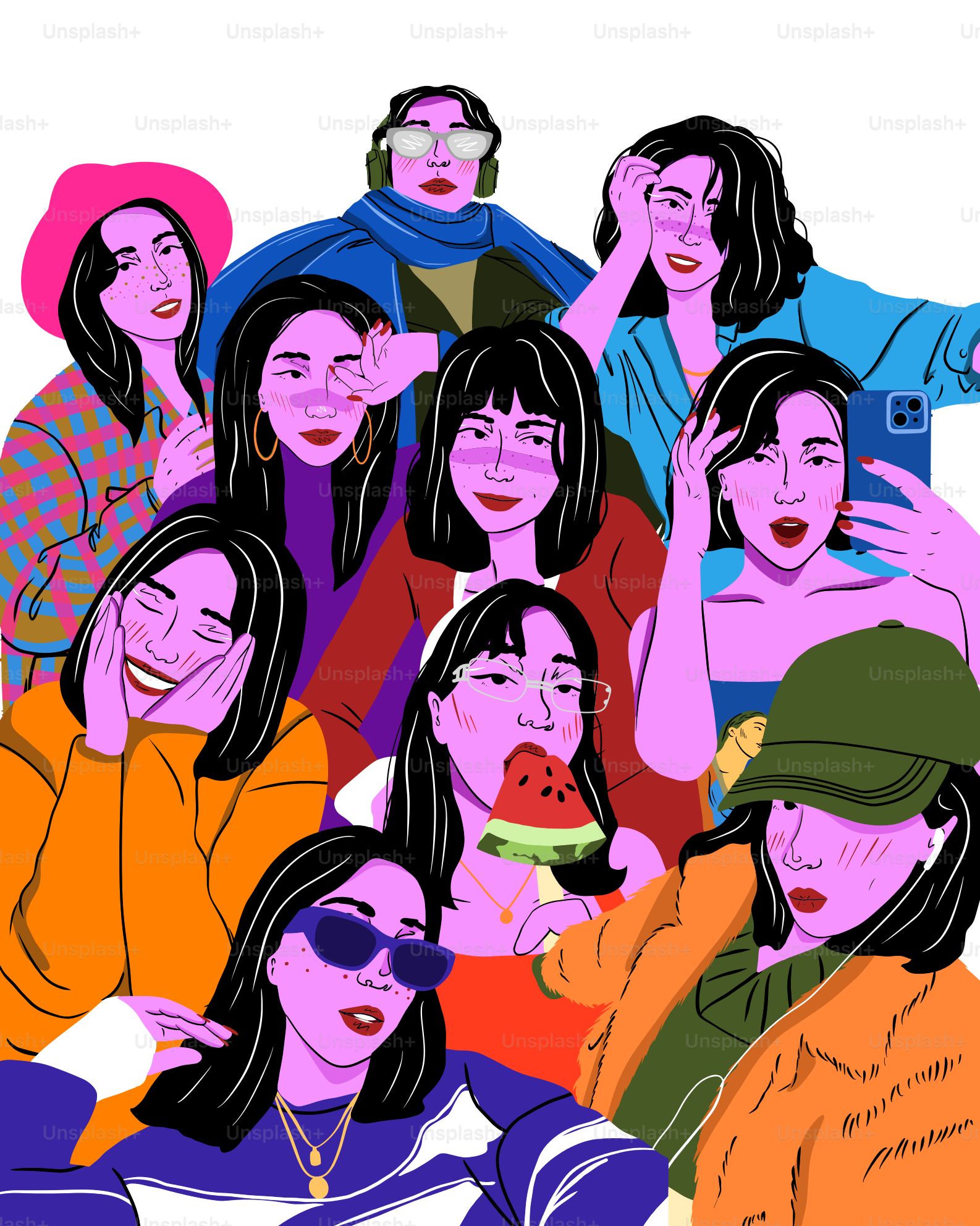 Group of diverse women posing together with various accessories