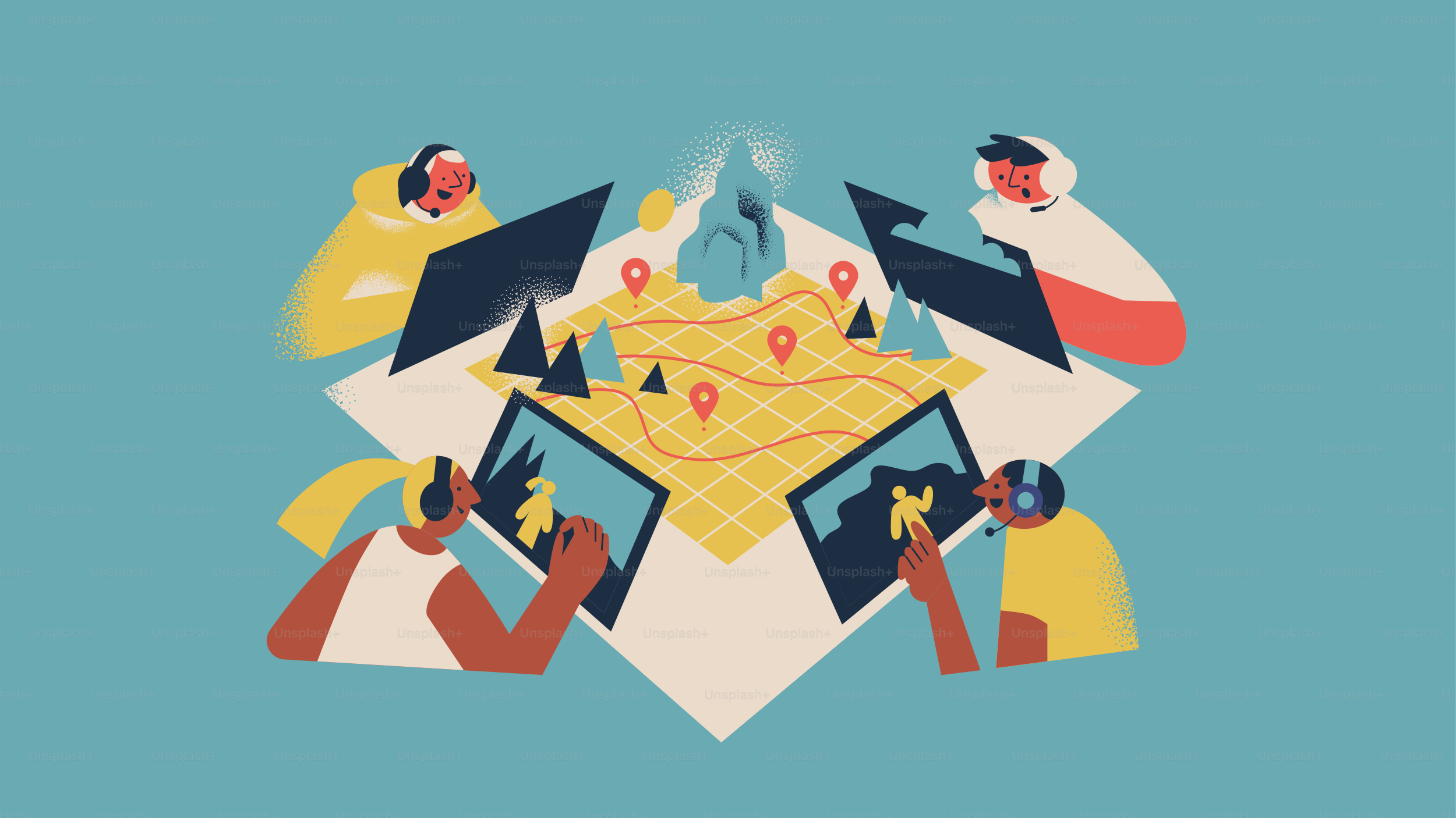 People collaborating around a digital map