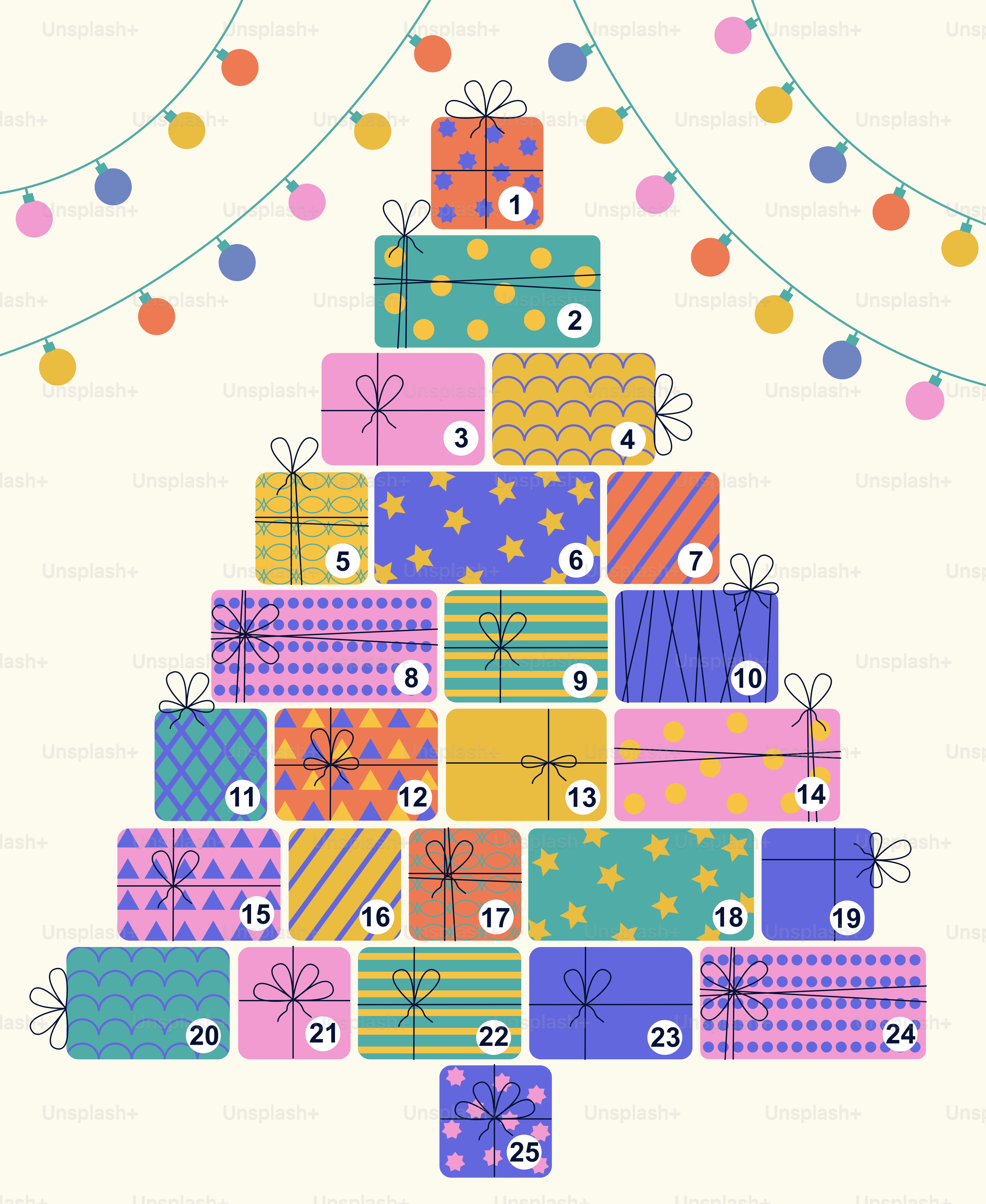 Christmas tree made of numbered gift boxes.