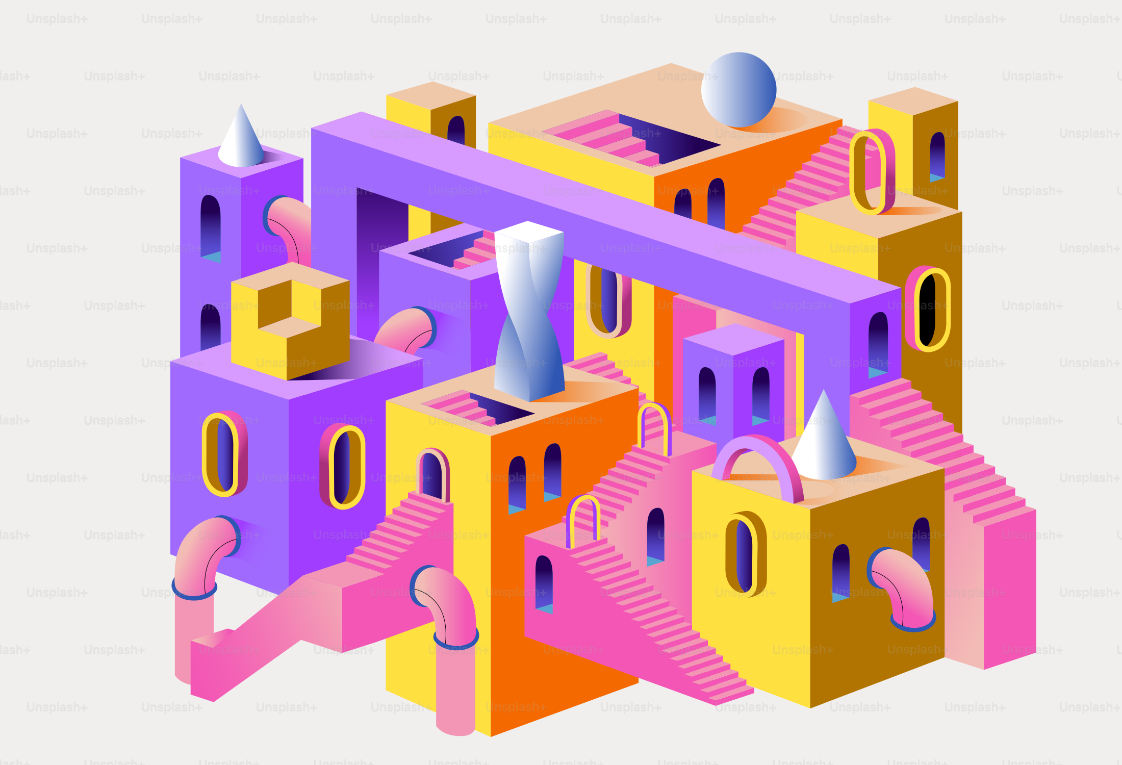 Abstract isometric cityscape with colorful geometric shapes.