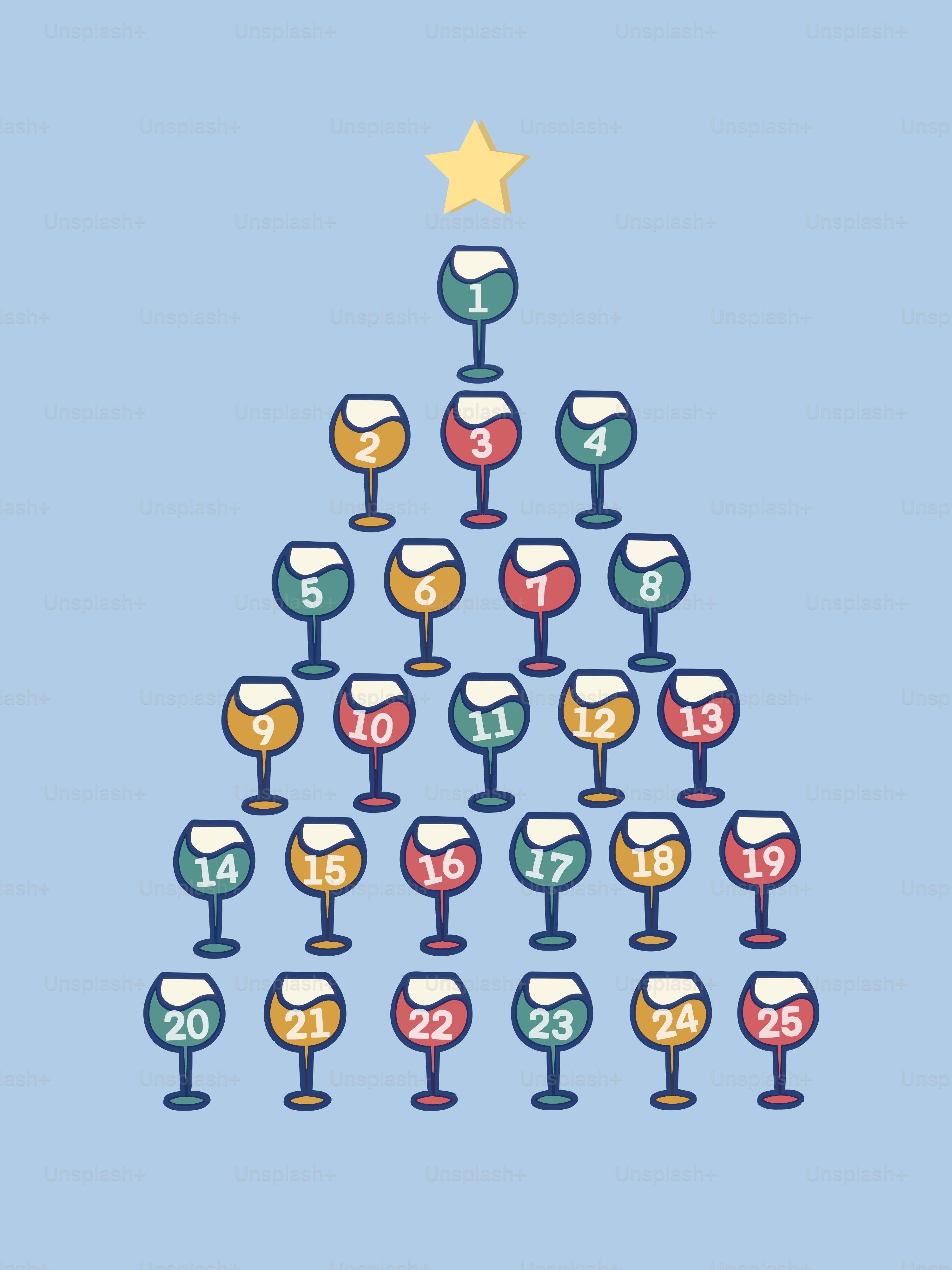 Christmas tree made of numbered wine glasses.