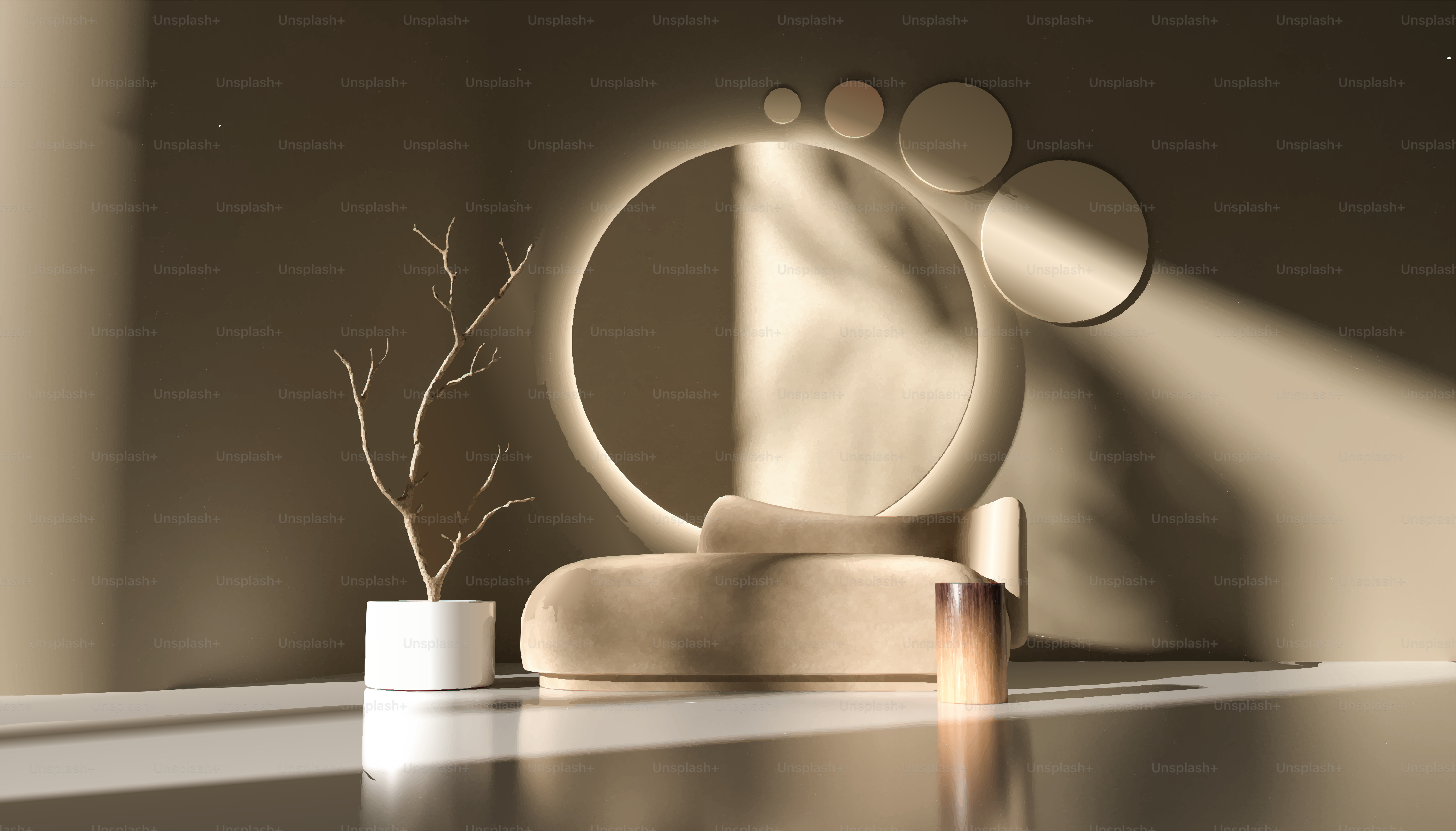 Interior minimalista com espelho redondo e planta.