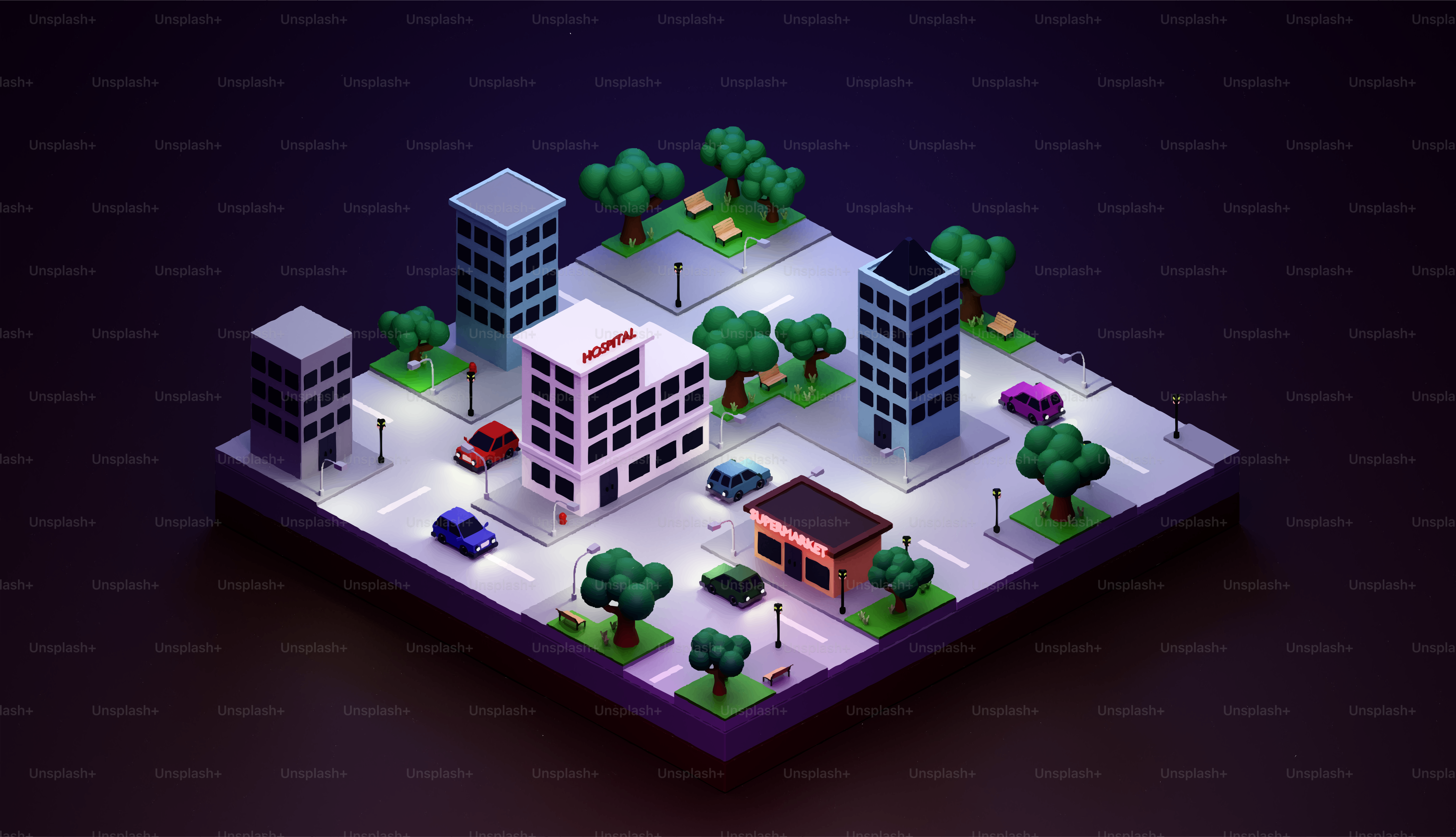 Paisagem urbana isométrica com prédios e carros à noite