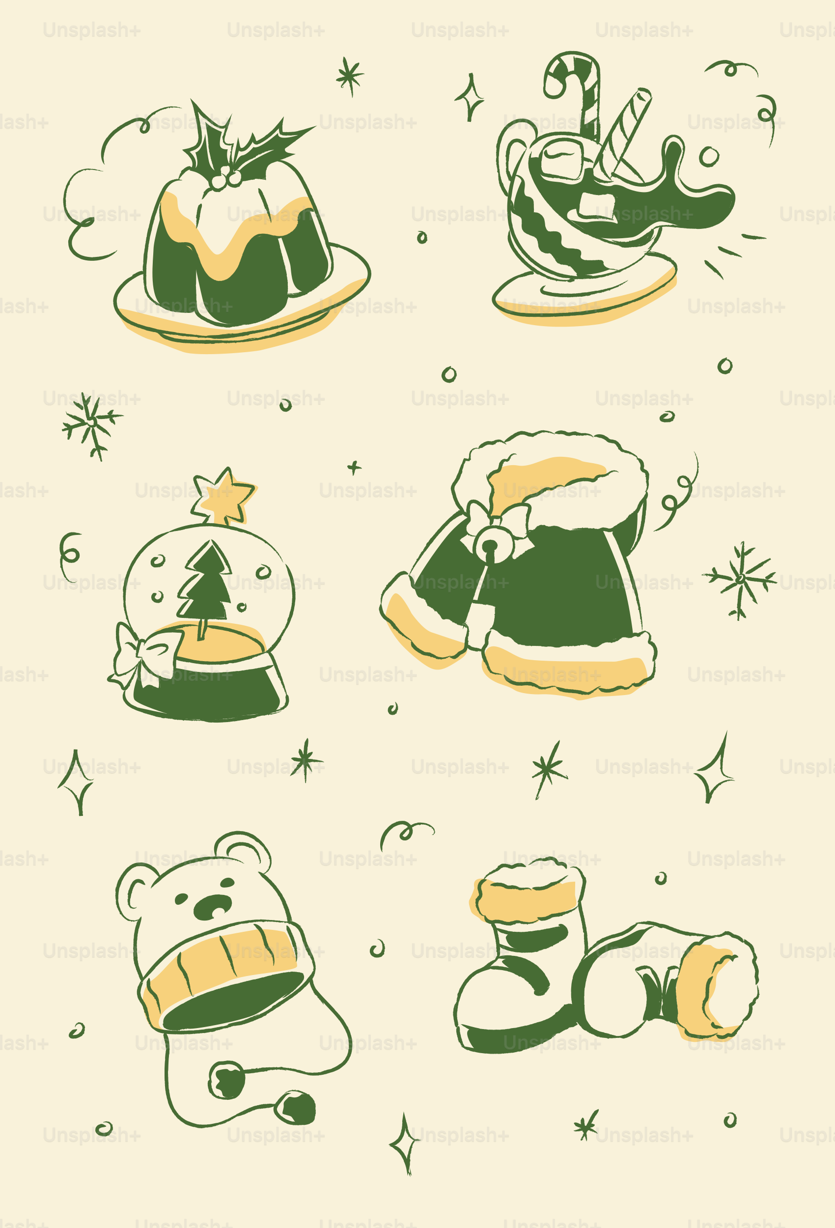 Christmas themed doodles of food and winter wear.