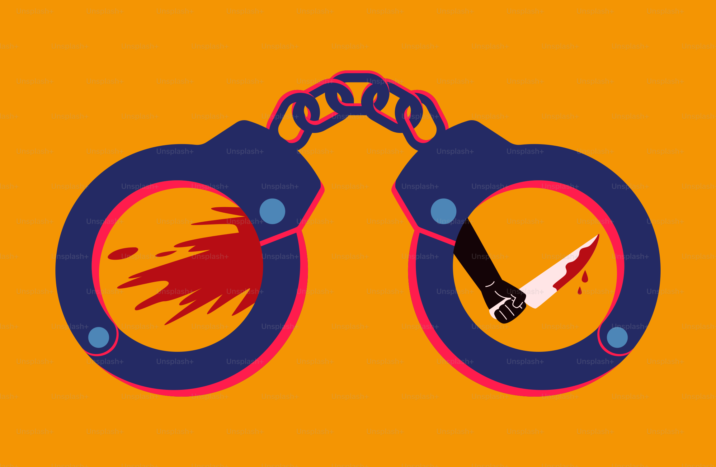 Handschellen mit blutigem Messer und Blutspritzern