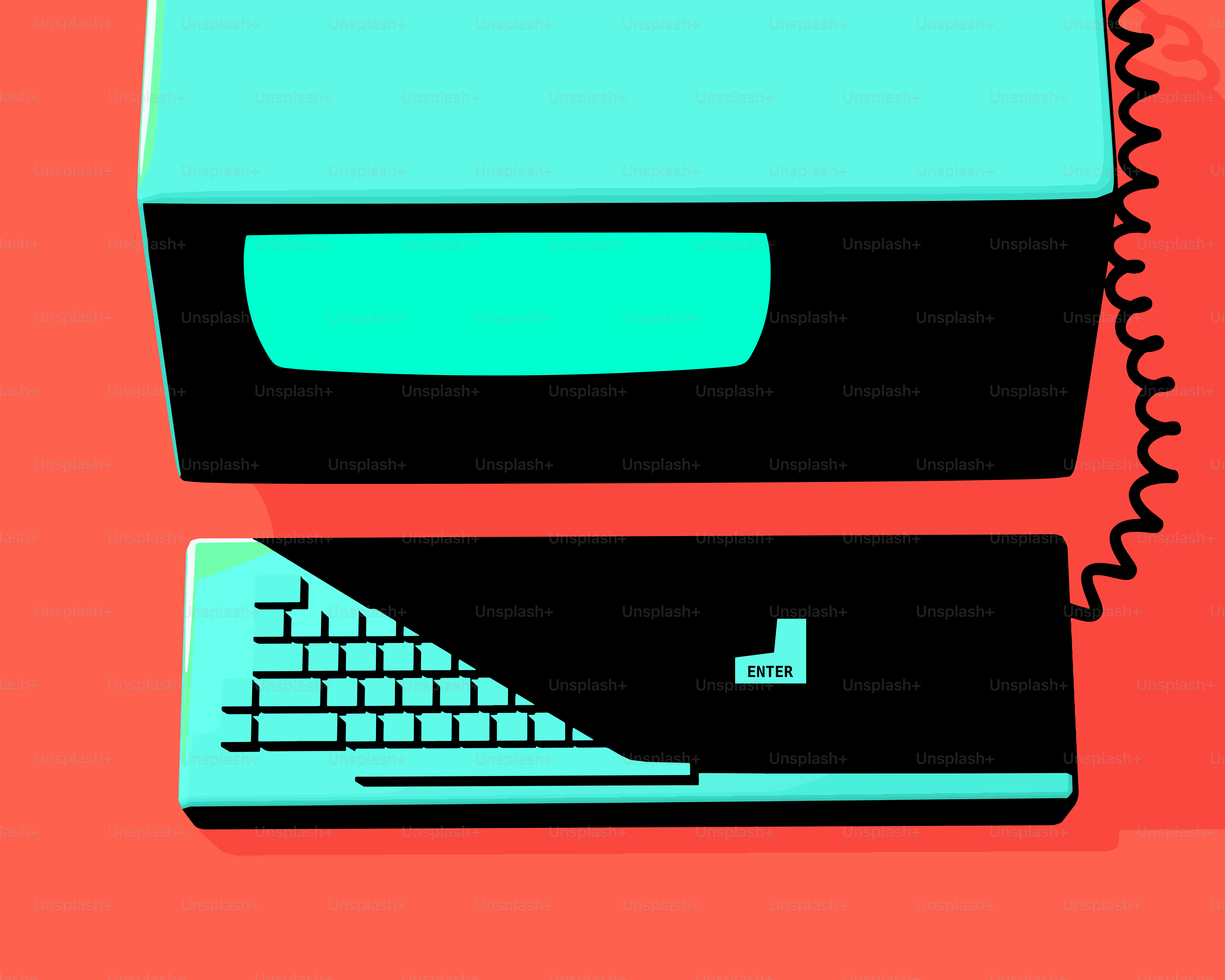 Retro-Computermonitor und Tastatur auf orangem Hintergrund