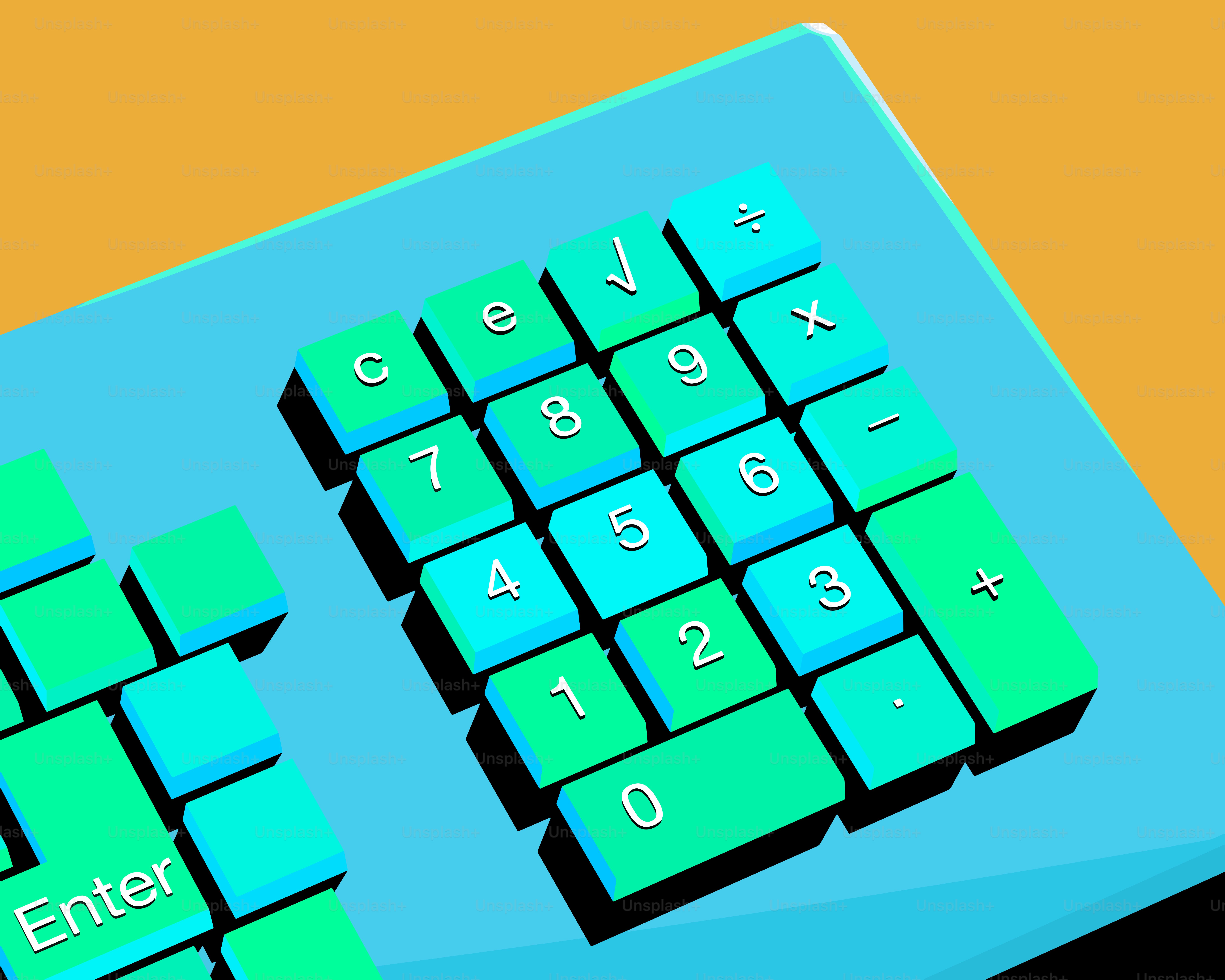 Nahaufnahme einer Taschenrechnertastatur auf blauer Fläche.