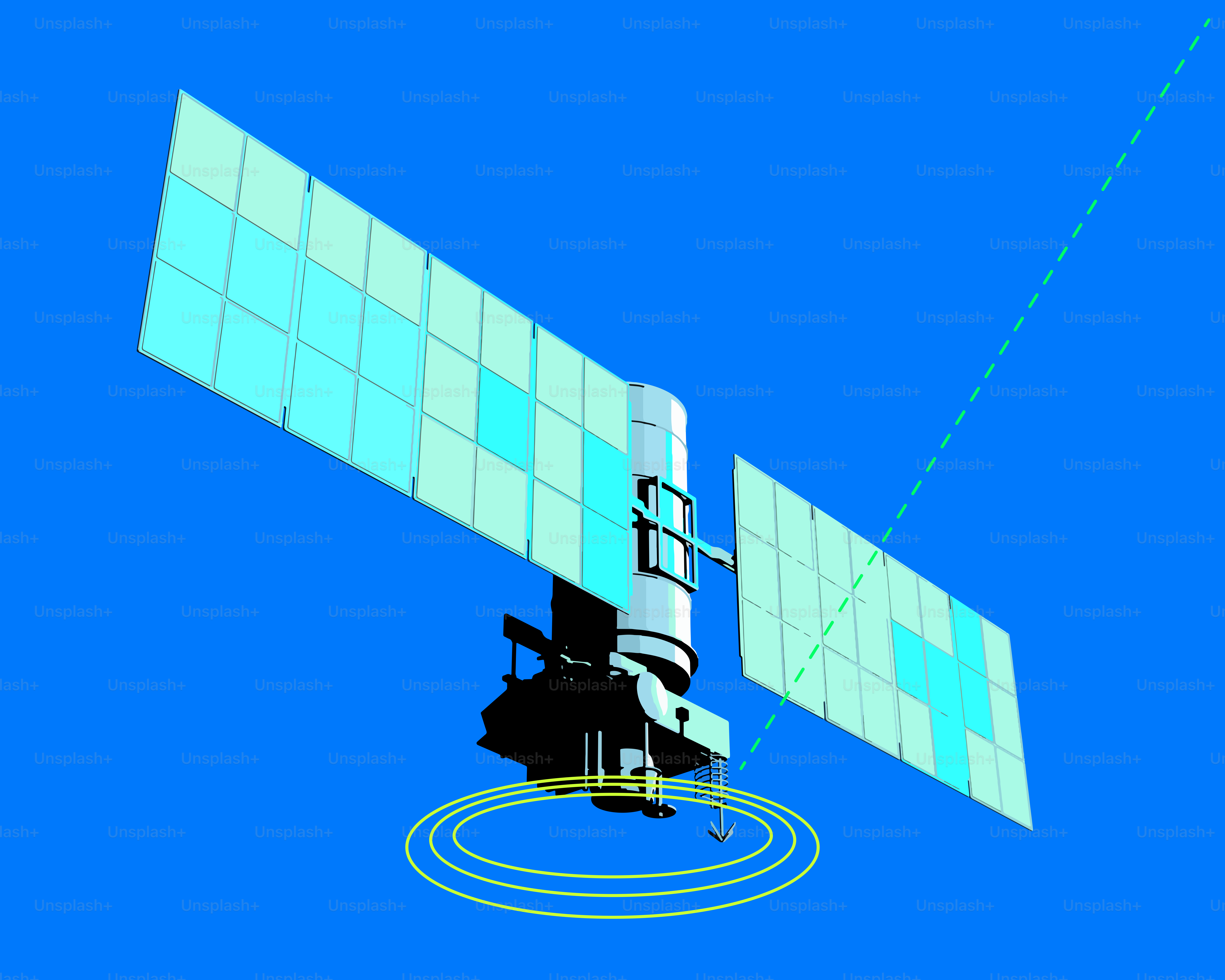 Satellit mit Sonnenkollektoren vor blauem Himmel