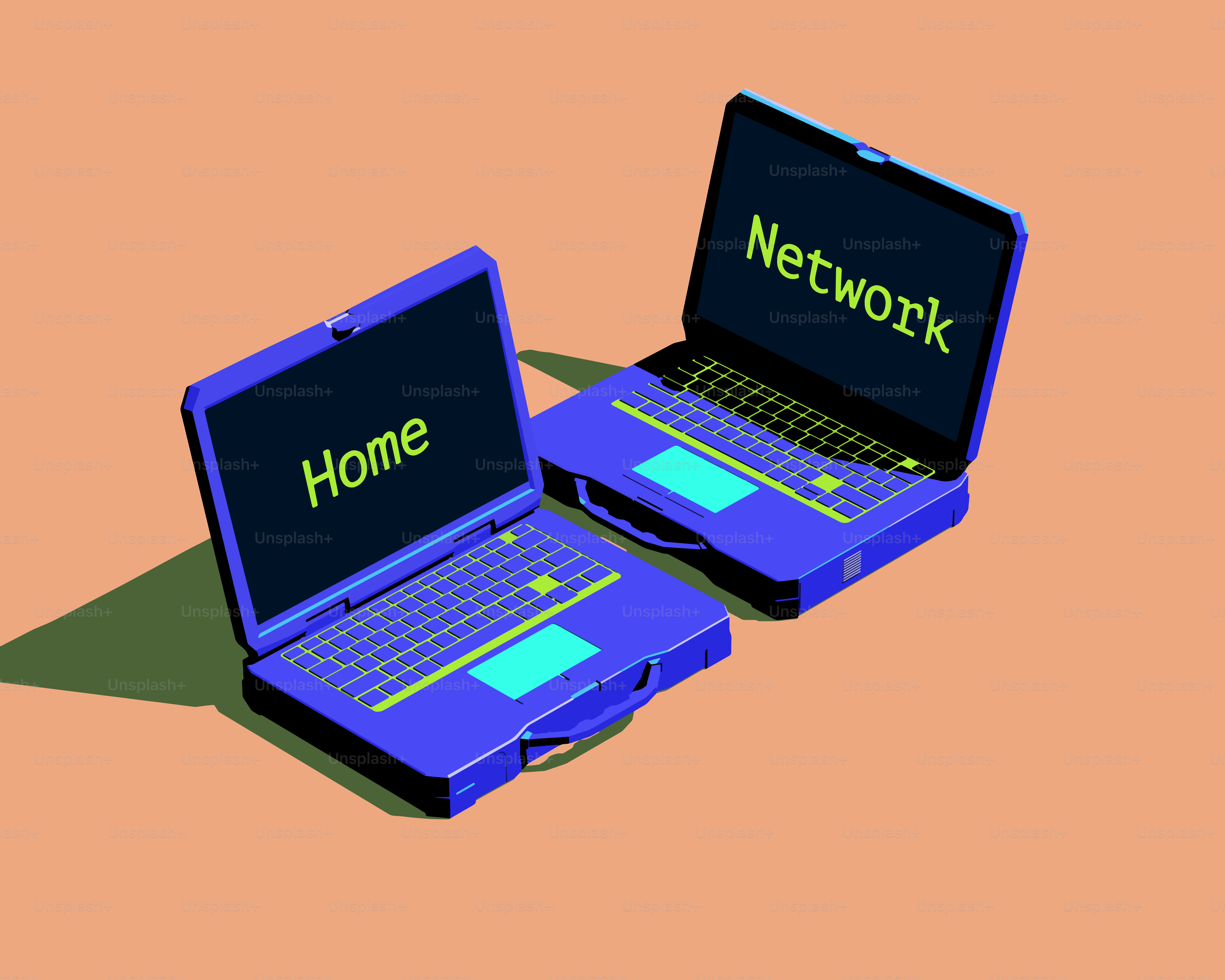 Zwei Laptops, die mit Heim- und Netzwerknummer gekennzeichnet sind