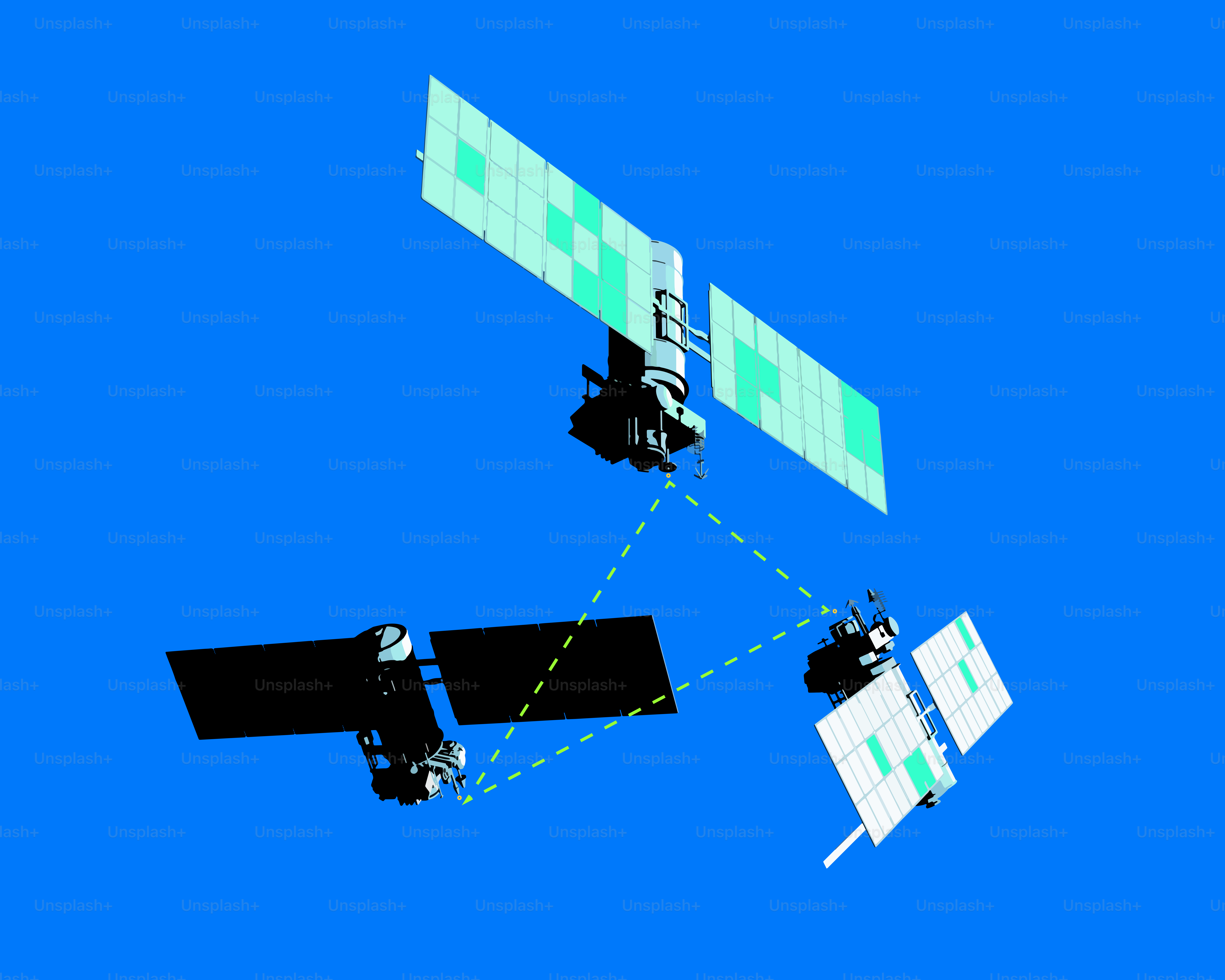 Drei Satelliten, die im Orbit gegen den blauen Himmel kommunizieren