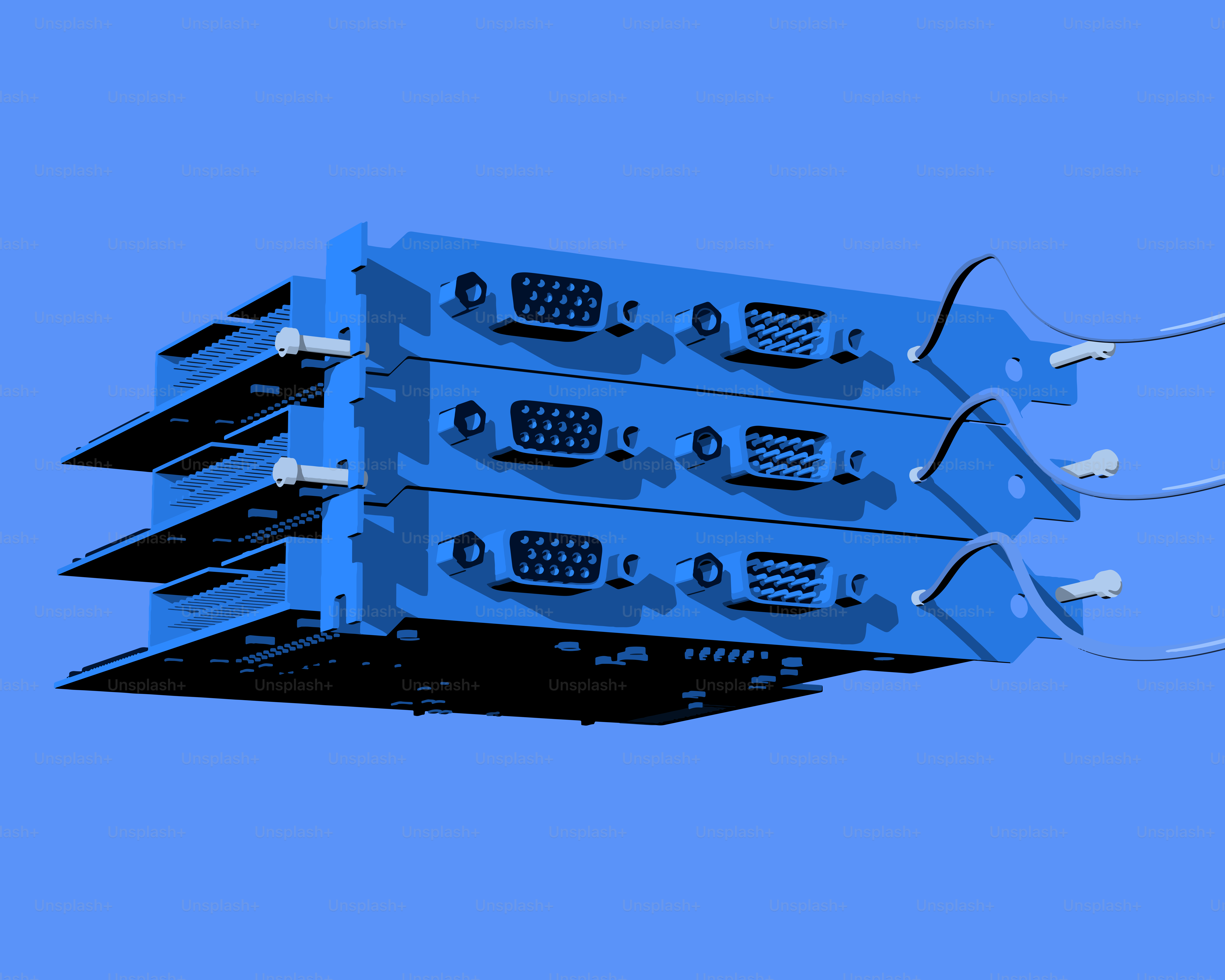 Three blue circuit boards stacked on a blue background.